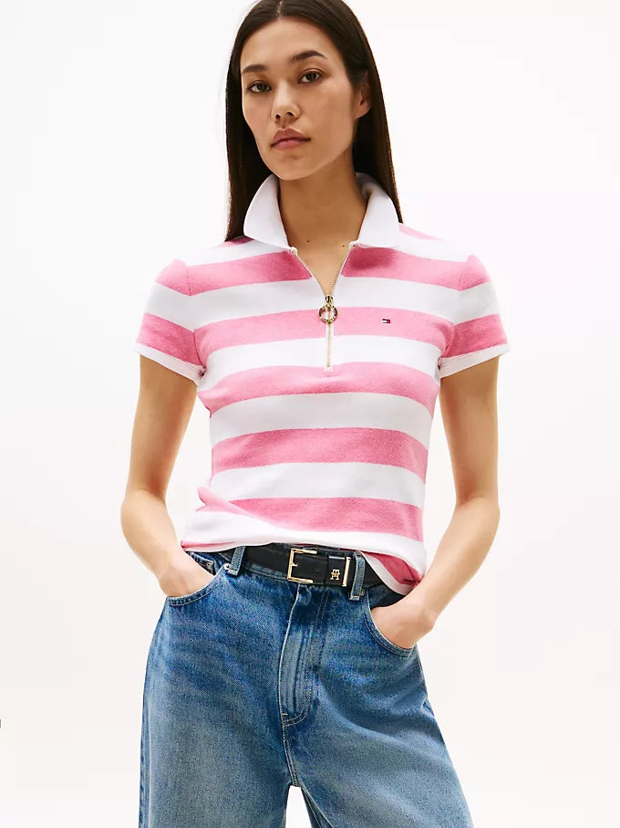 Tommy Womens' Slim Fit Rugby Stripe Zip Polo/Pink Heather Stripe
