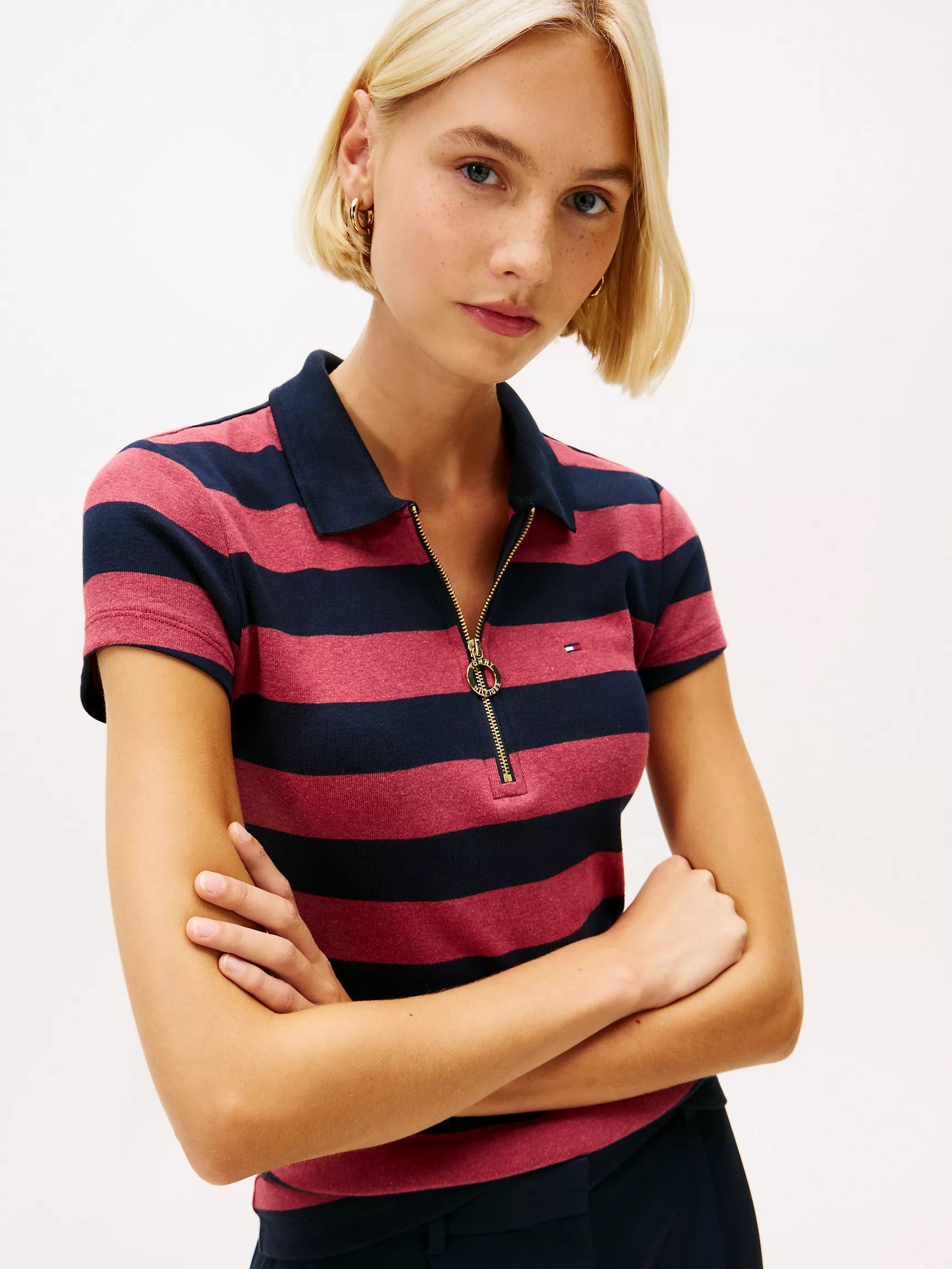 Tommy Womens' Slim Fit Rugby Stripe Zip Polo/Red