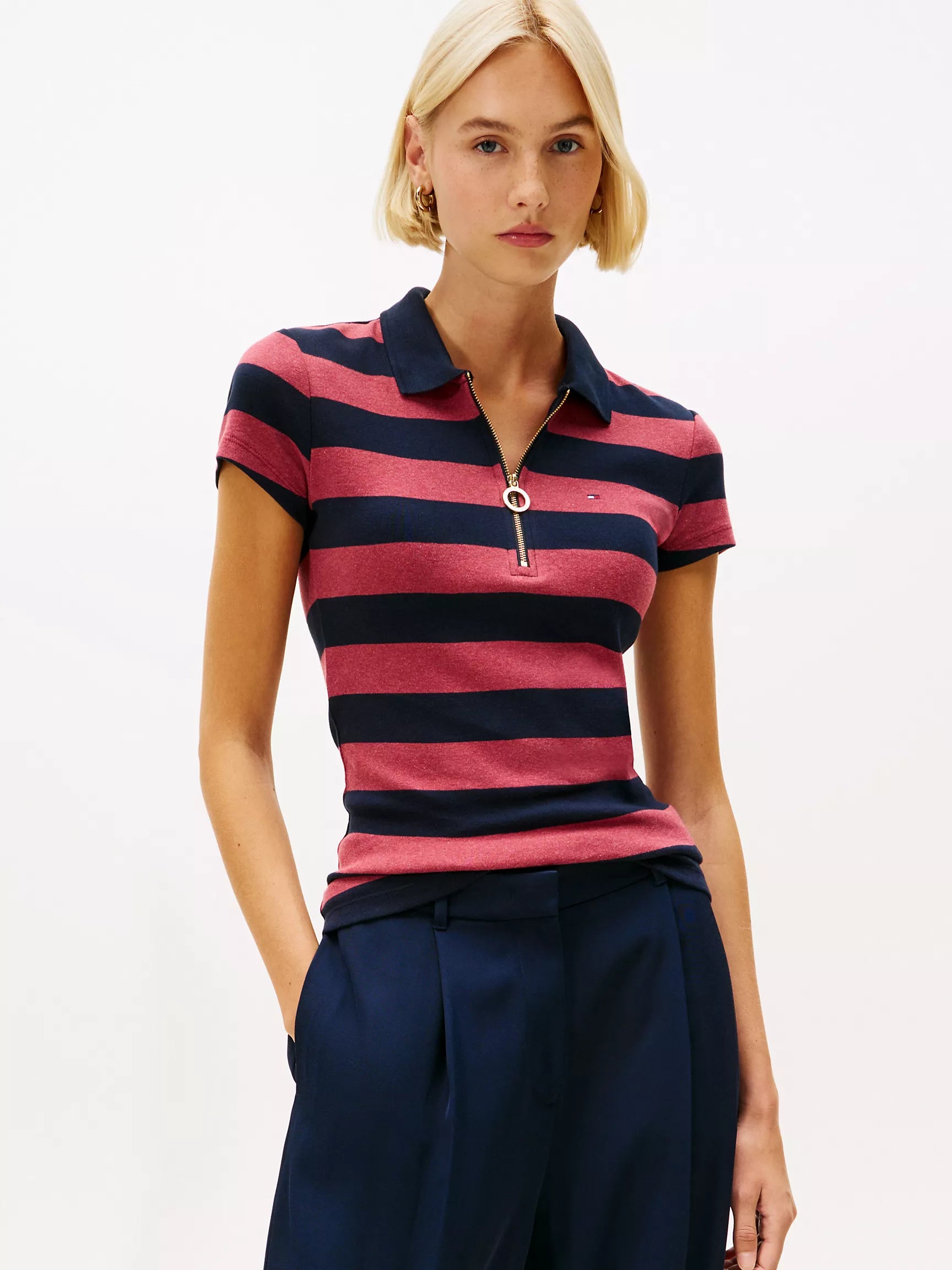 Tommy Womens' Slim Fit Rugby Stripe Zip Polo/Red