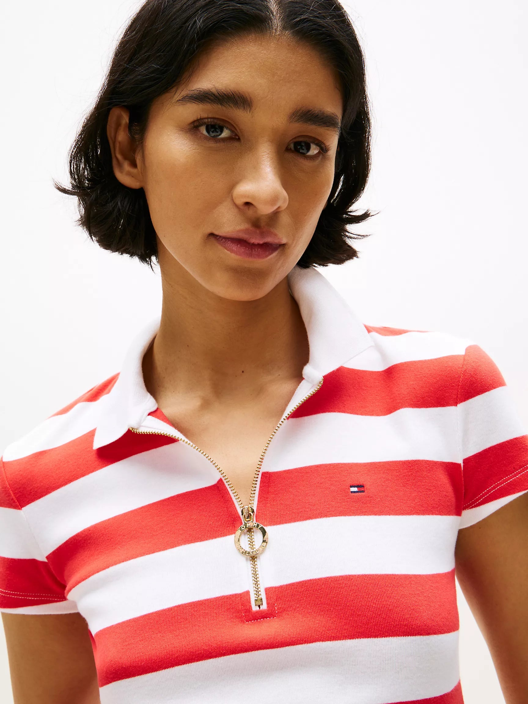 Tommy Womens' Slim Fit Rugby Stripe Zip Polo/Strawberry Field Stripe