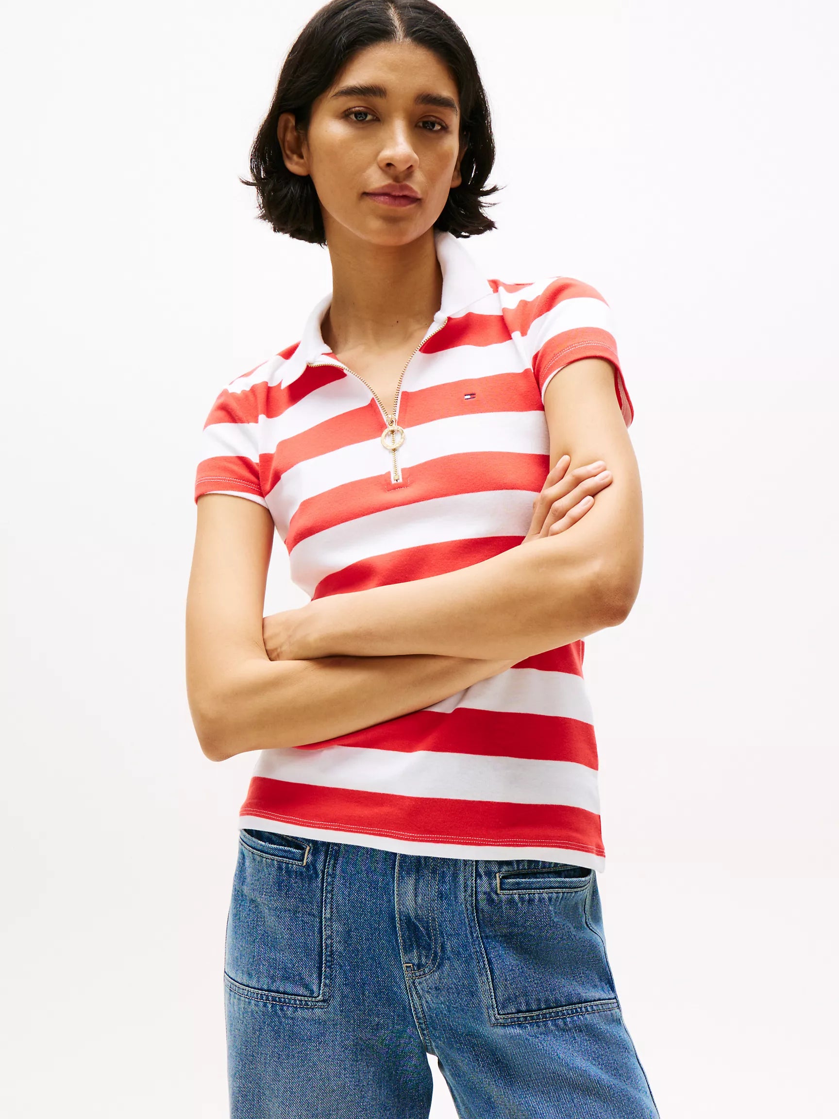 Tommy Womens' Slim Fit Rugby Stripe Zip Polo/Strawberry Field Stripe