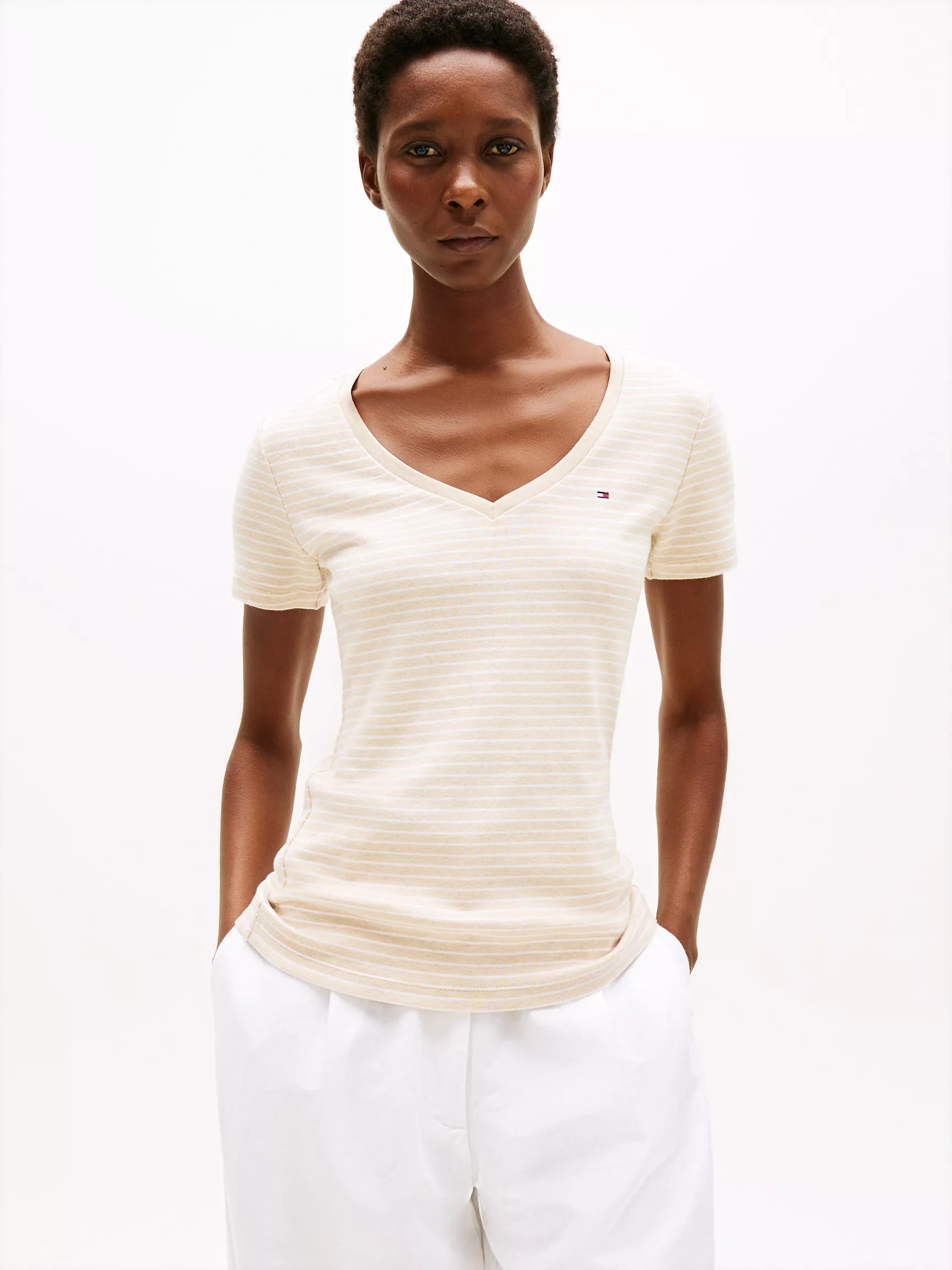 WOMENS' TOMMY Stripe V-Neck Favorite T-Shirt/ Dark Beige Stripe