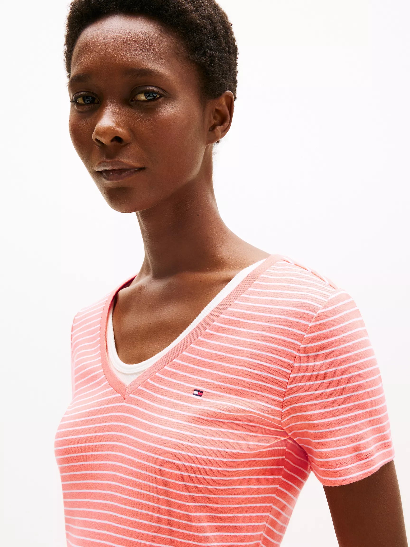 WOMENS' TOMMY Stripe V-Neck Favorite T-Shirt/Peach Dusk Stripe