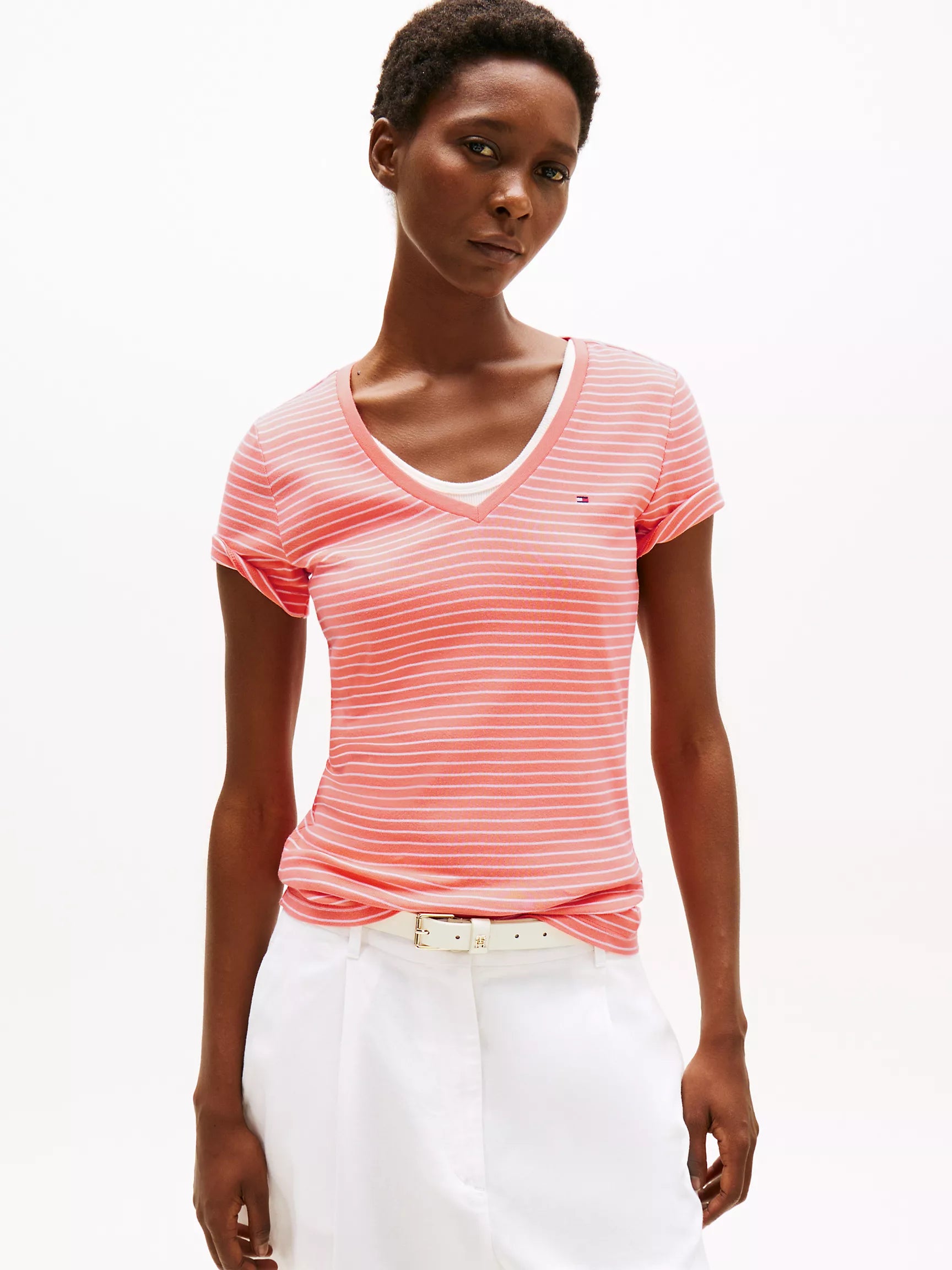 WOMENS' TOMMY Stripe V-Neck Favorite T-Shirt/Peach Dusk Stripe