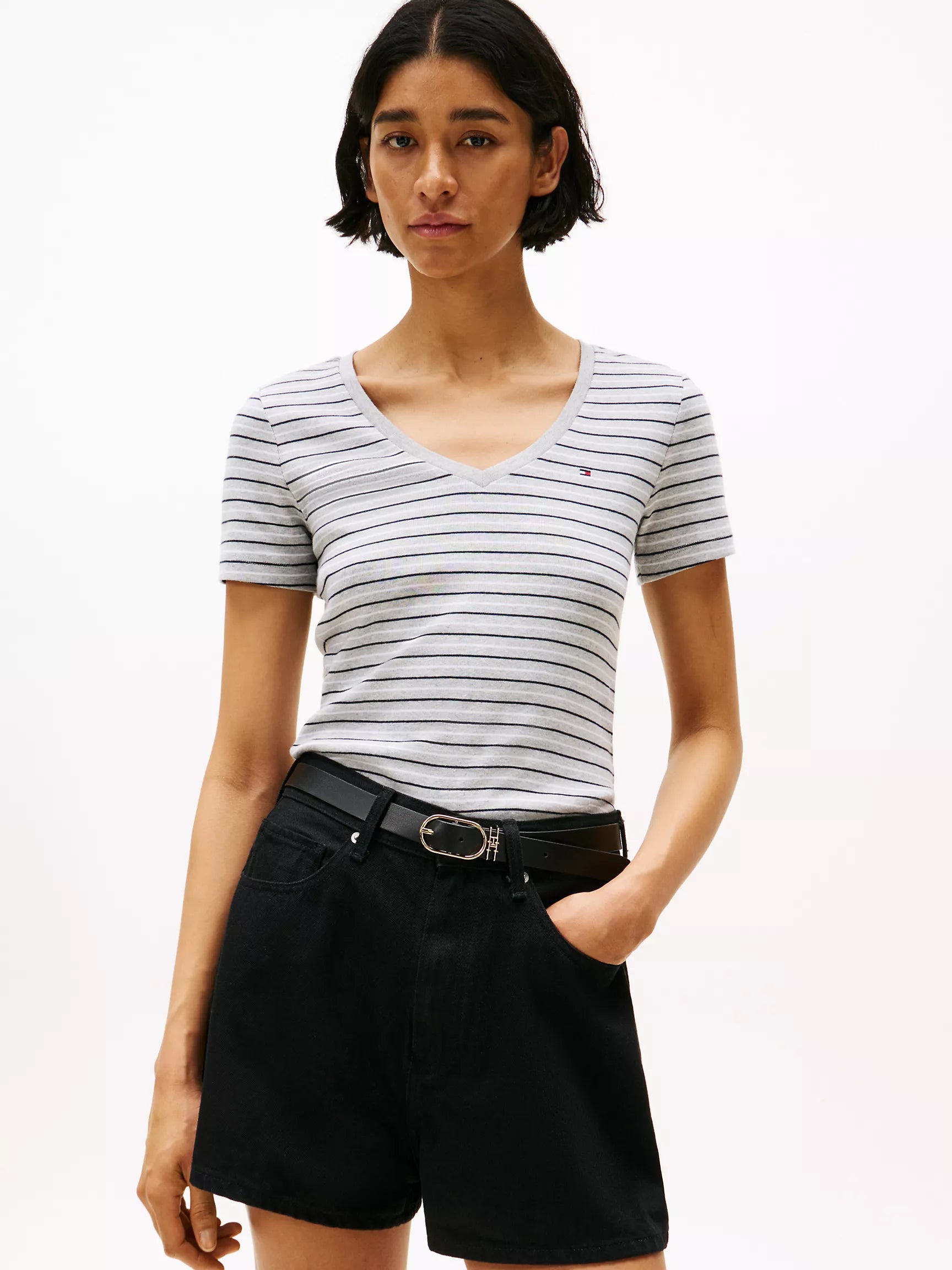 WOMENS' TOMMY Stripe V-Neck Favorite T-Shirt/Light Grey Heather Stripe