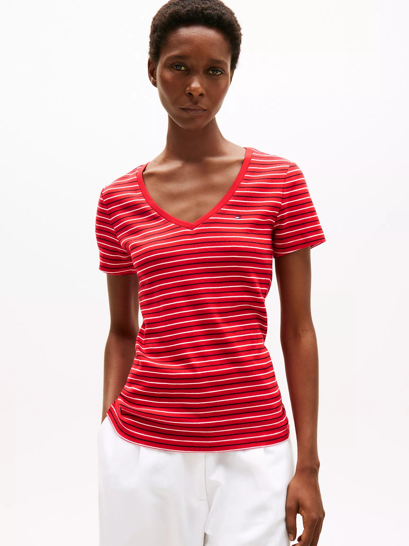 WOMENS' TOMMY Stripe V-Neck Favorite T-Shirt/ Primary Red Stripe
