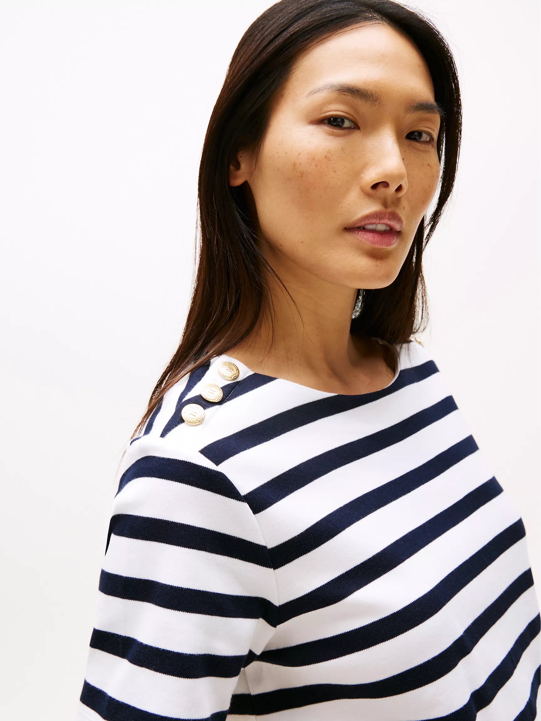 Womens' Tommy Gold Button-Shoulder T-Shirt/ Navy Blue Stripe