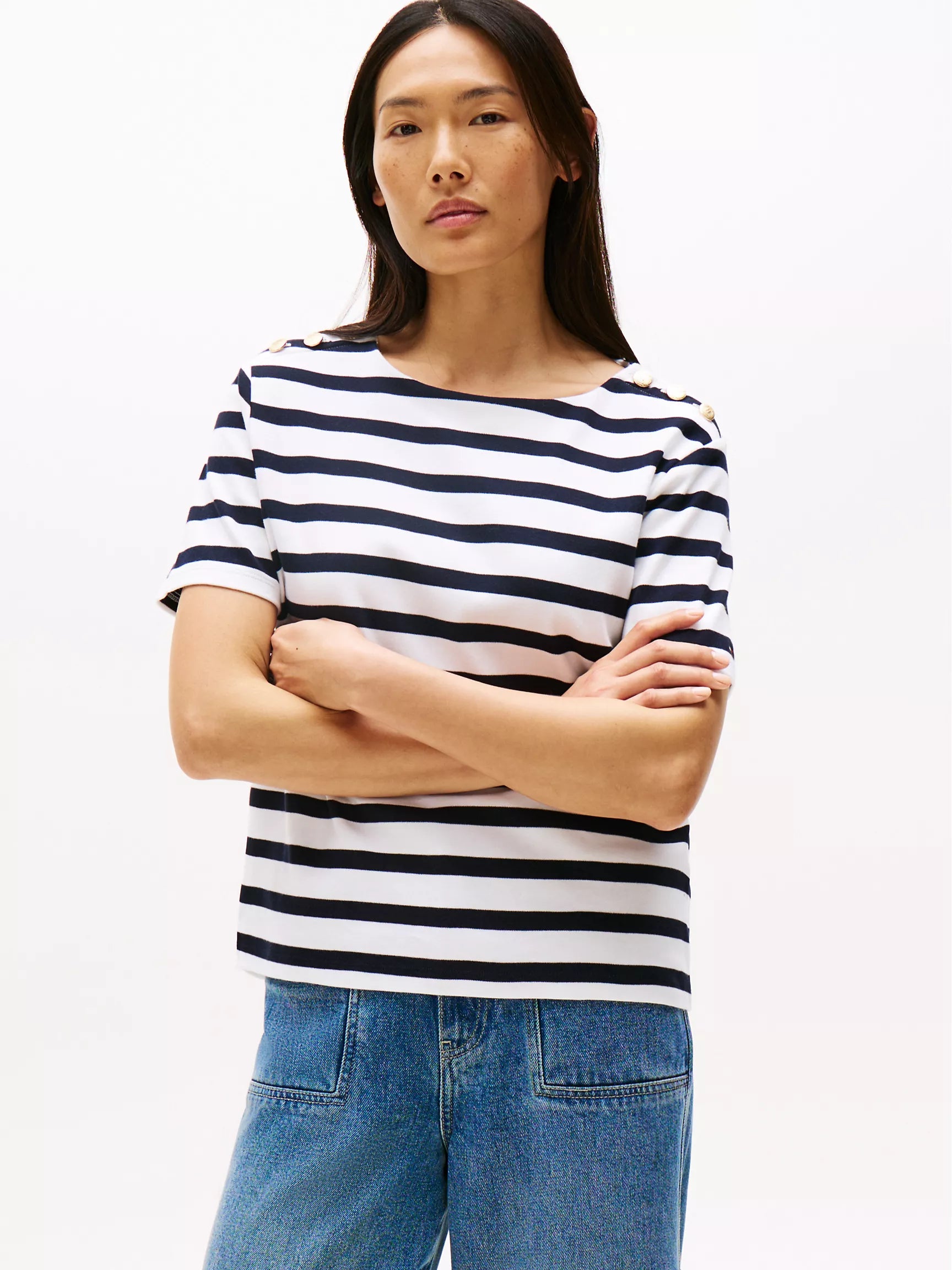Womens' Tommy Gold Button-Shoulder T-Shirt/ Navy Blue Stripe