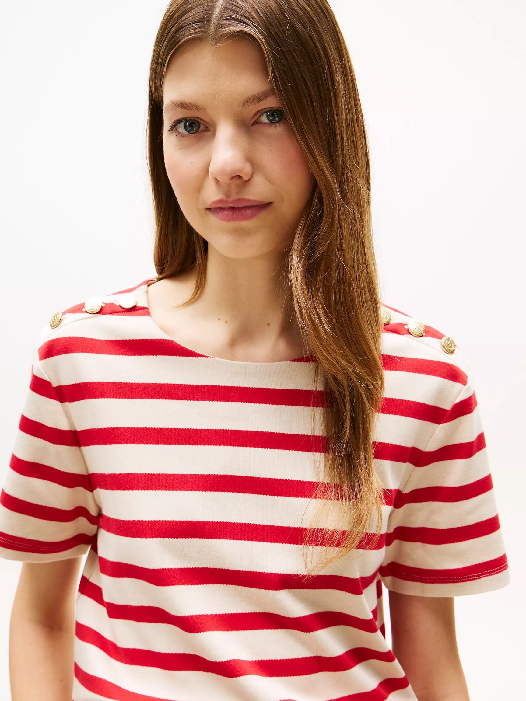Womens' Tommy Gold Button-Shoulder T-Shirt/ Primary Red Stripe