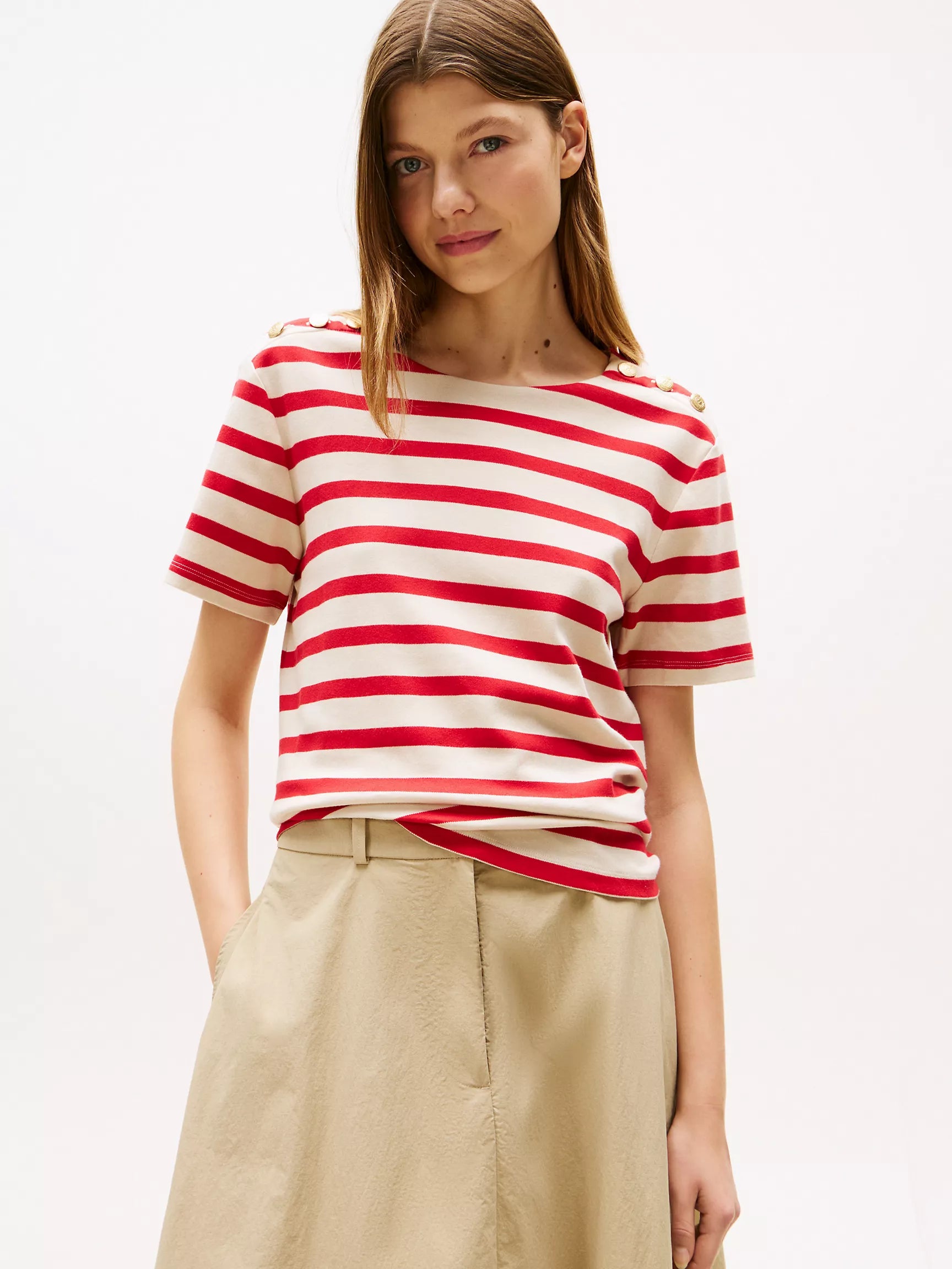Womens' Tommy Gold Button-Shoulder T-Shirt/ Primary Red Stripe