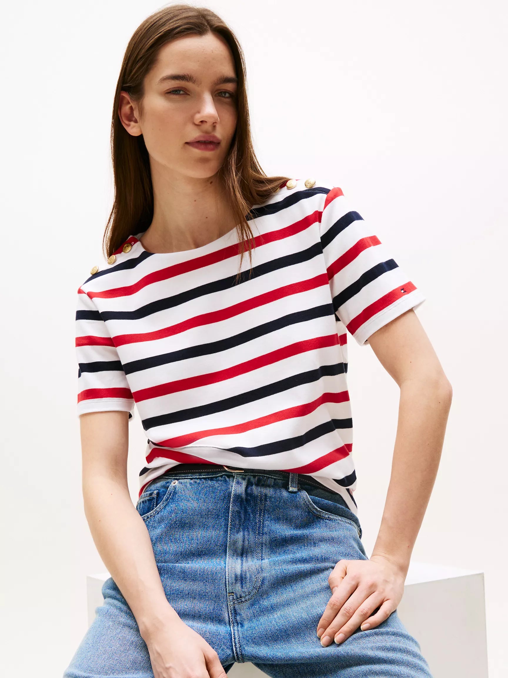 Womens' Tommy Gold Button-Shoulder T-Shirt/ Optic White / Multi Stripe