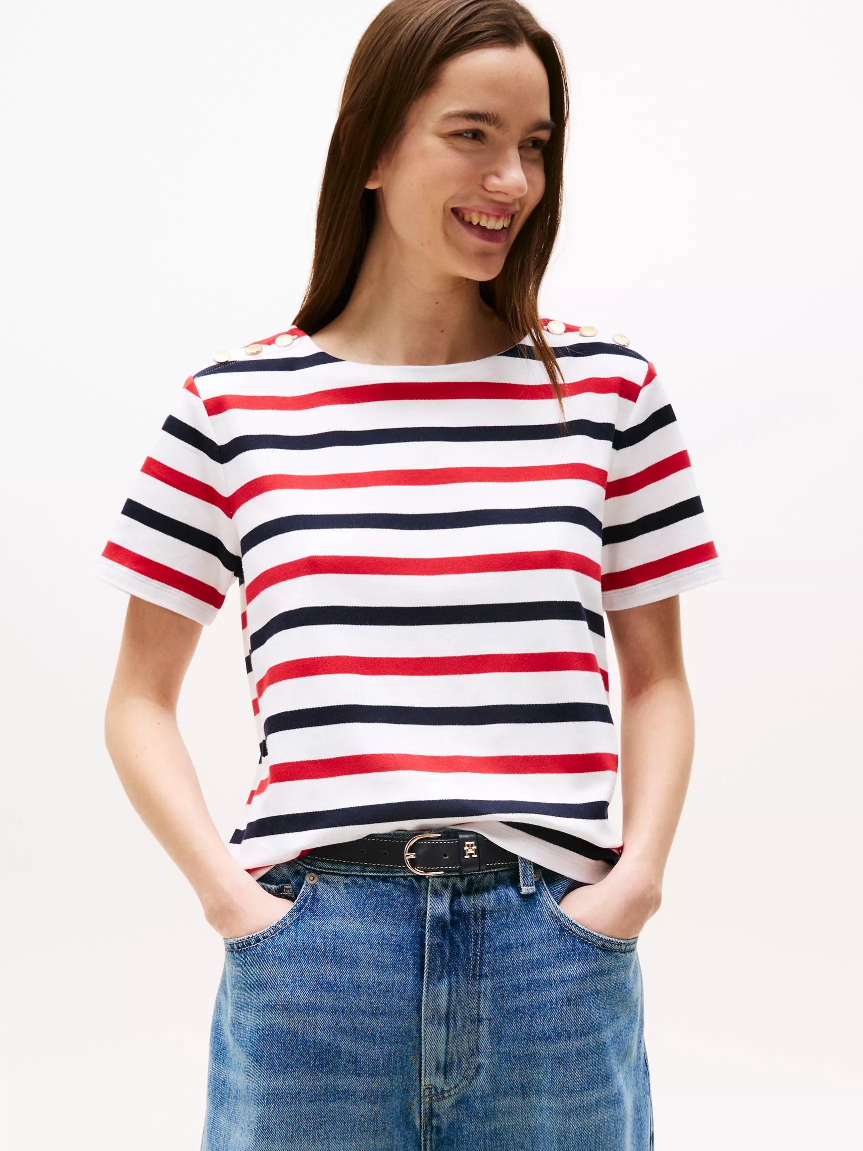 Womens' Tommy Gold Button-Shoulder T-Shirt/ Optic White / Multi Stripe