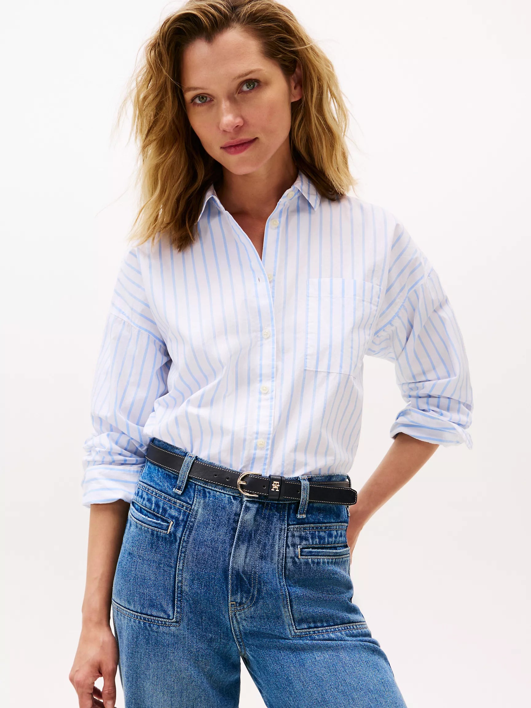 TOMMY WOMENS' Relaxed Fit Stripe Shirt/ Vessel Blue Stripe