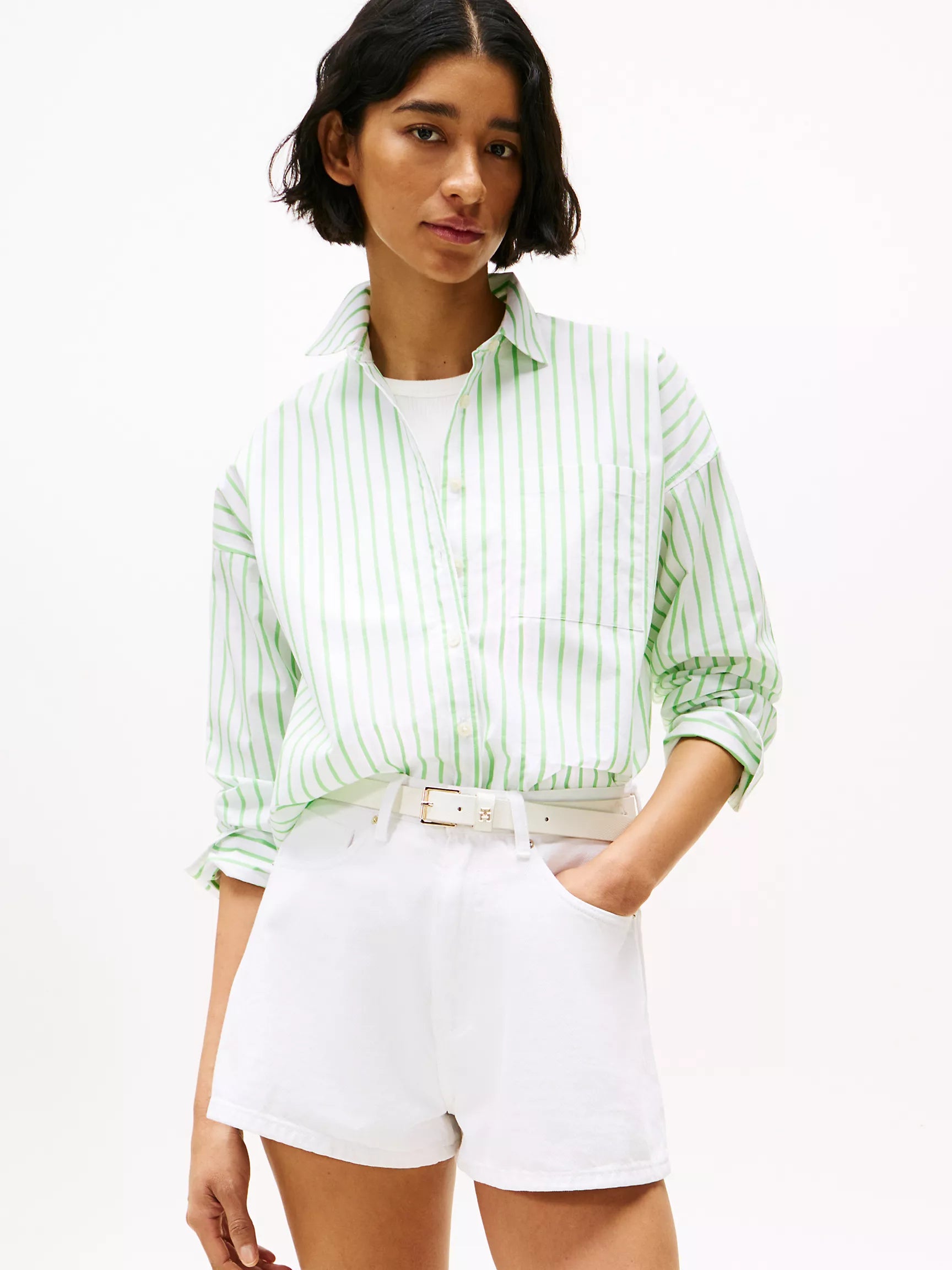 TOMMY WOMENS' Relaxed Fit Stripe Shirt/ Spring Lime Stripe