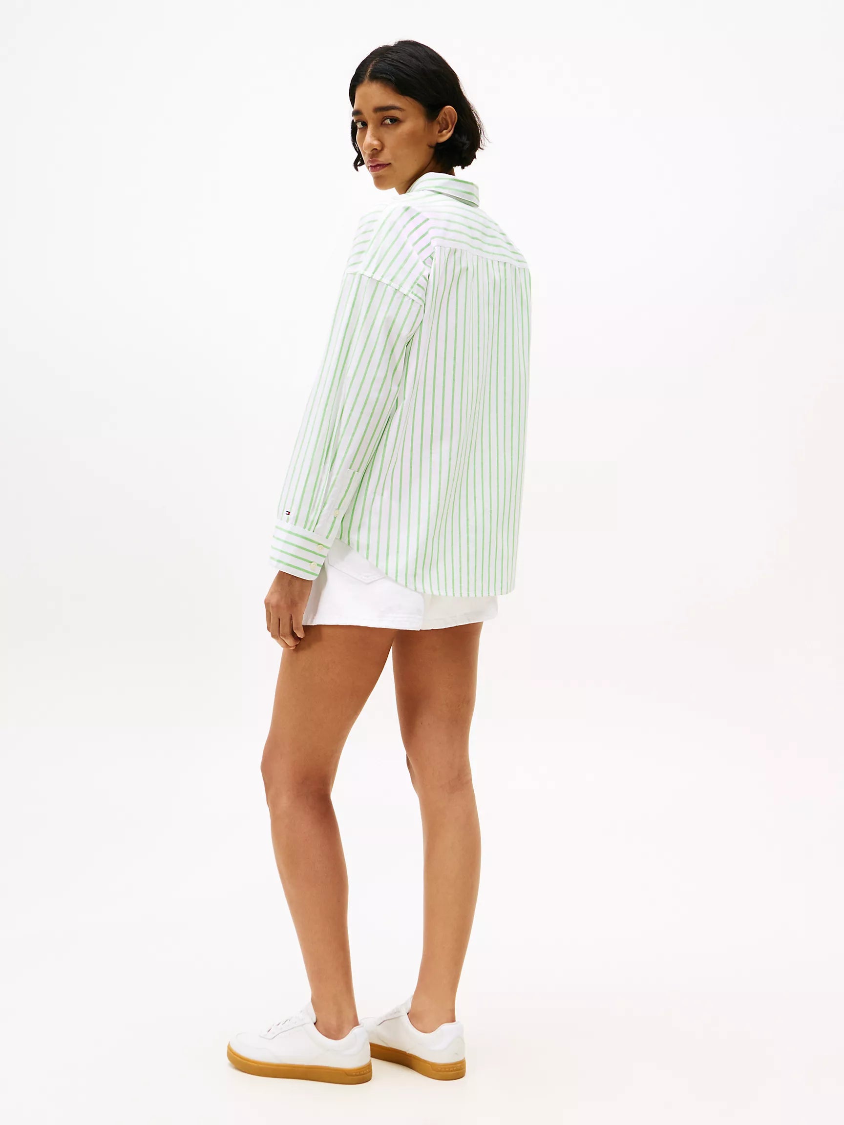 Womens' Tommy Relaxed Fit Bold Stripe Shirt /Spring Lime Stripe