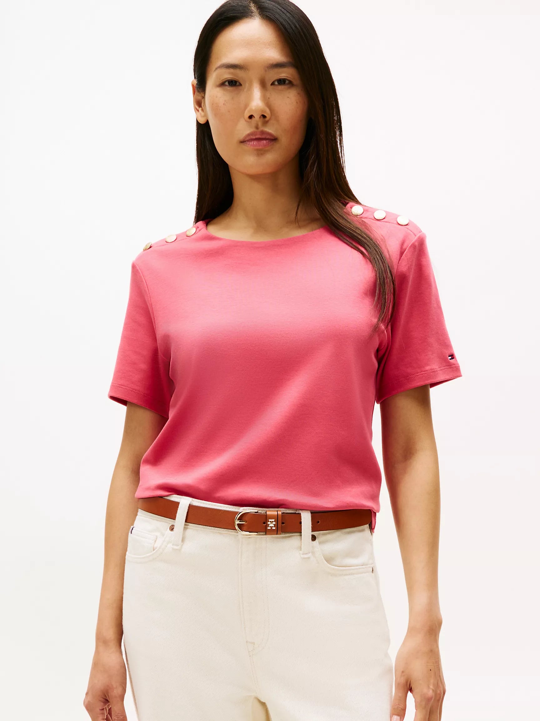 Womens' Tommy Gold Button-Shoulder T-Shirt/ Heritage Pink