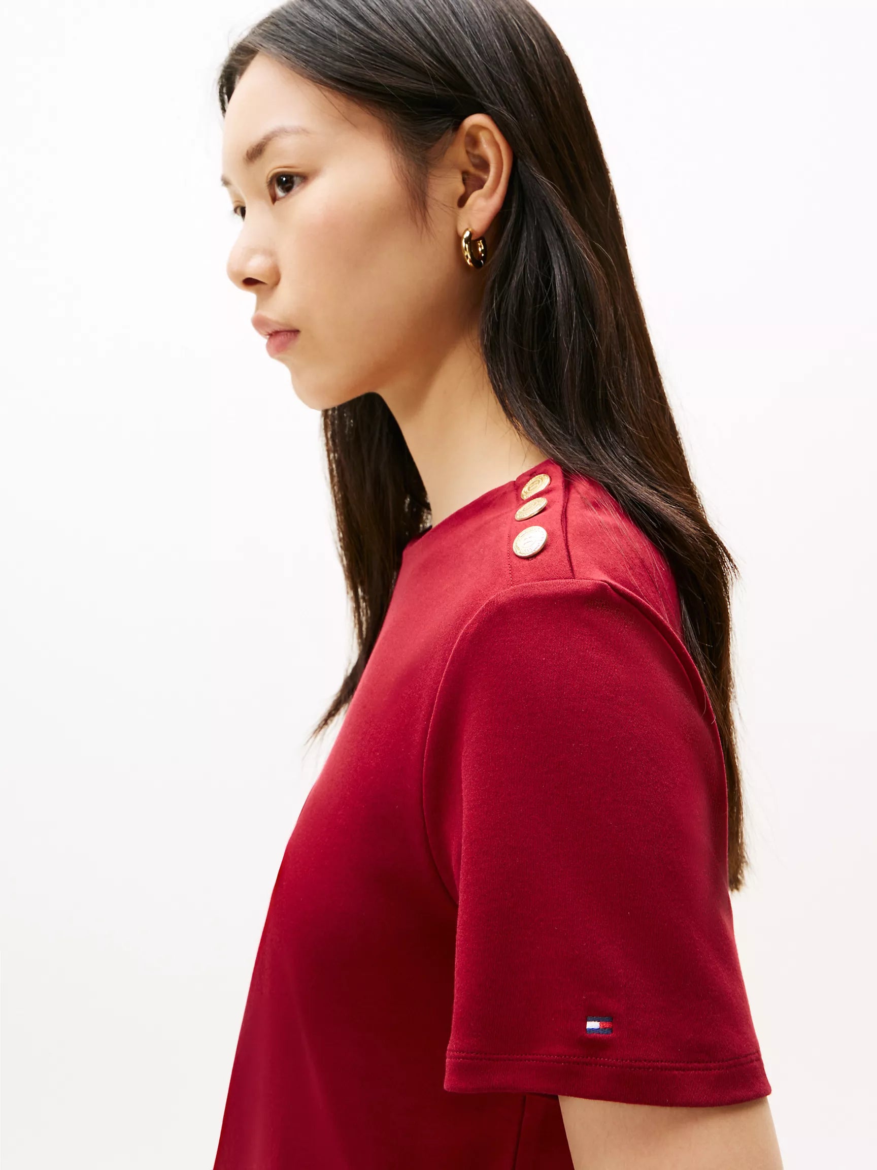 Womens' Tommy Gold Button-Shoulder T-Shirt/ Rouge