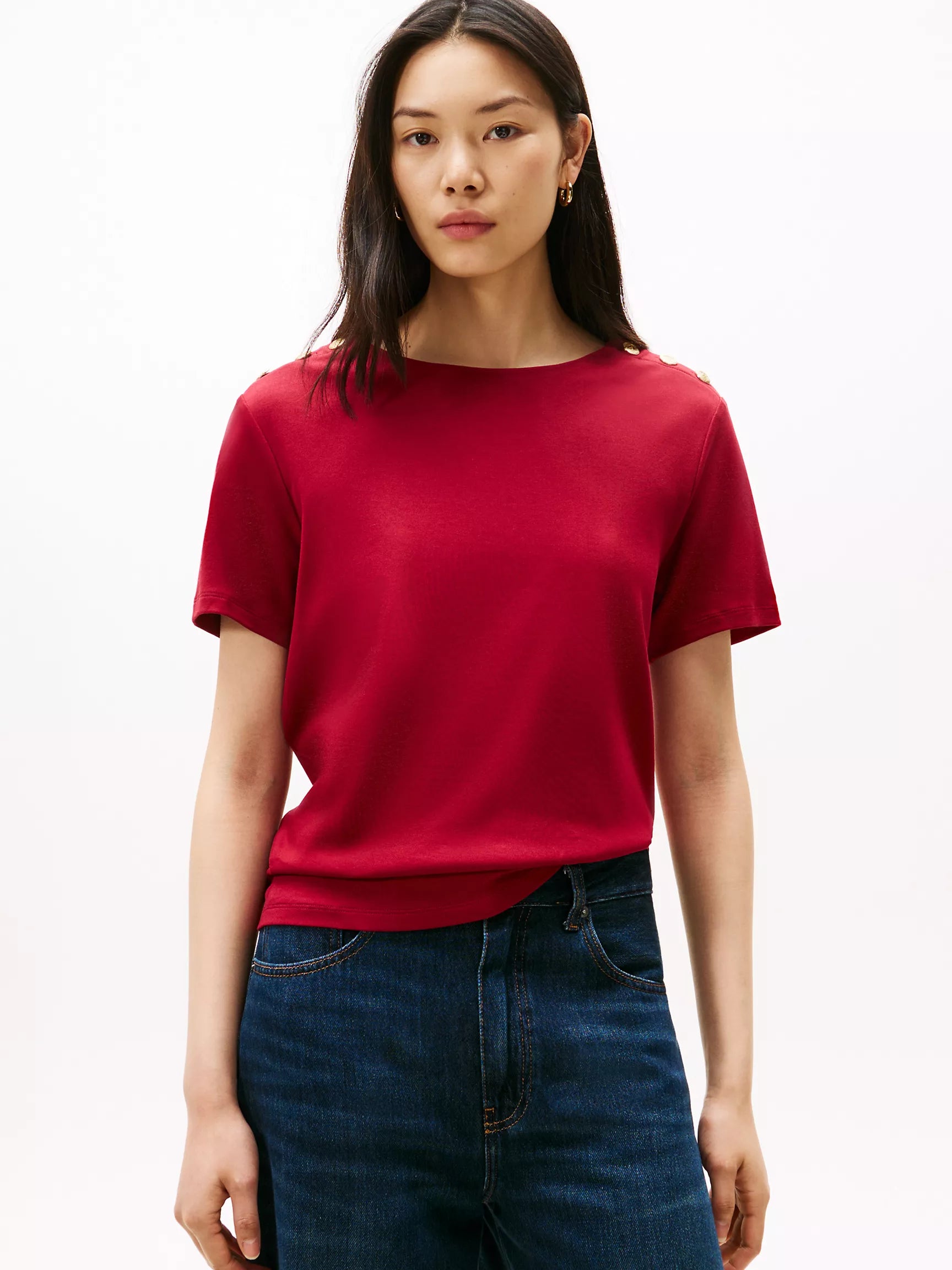 Womens' Tommy Gold Button-Shoulder T-Shirt/ Rouge