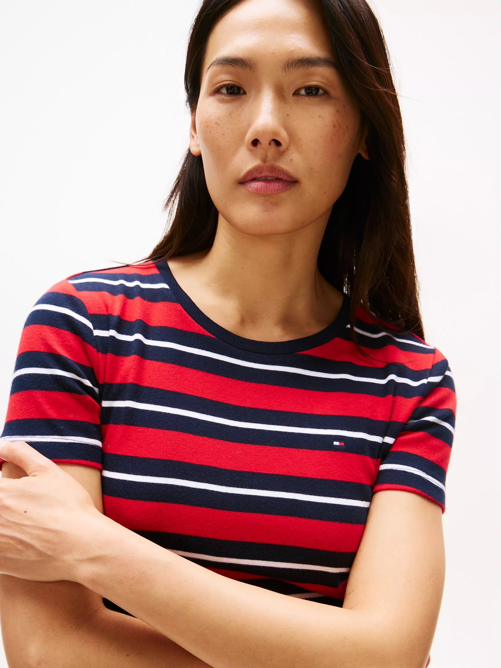 Womens' Tommy Stripe Crewneck T-Shirt/Navy Blue / Red Stripe