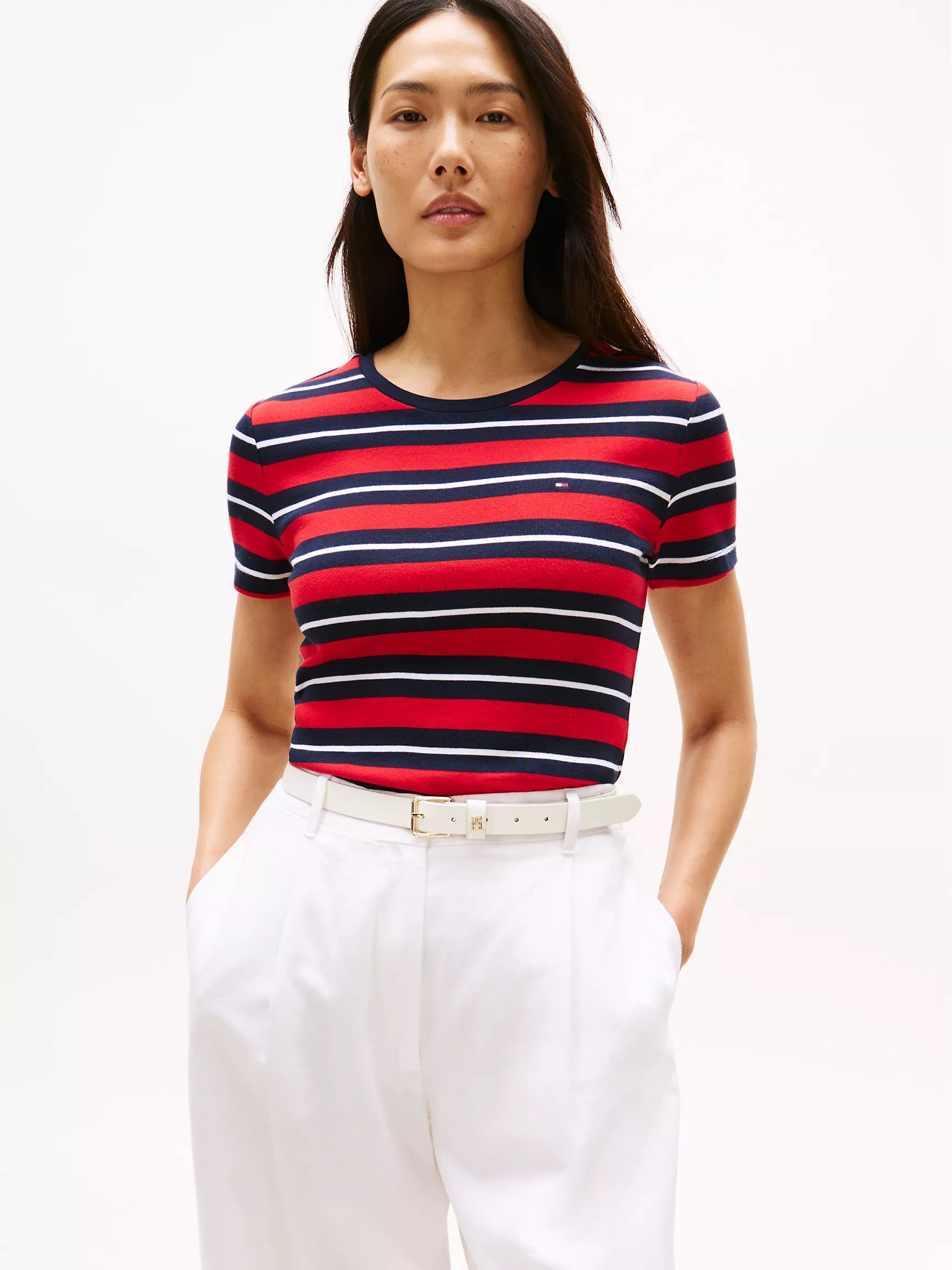 Womens' Tommy Stripe Crewneck T-Shirt/Navy Blue / Red Stripe