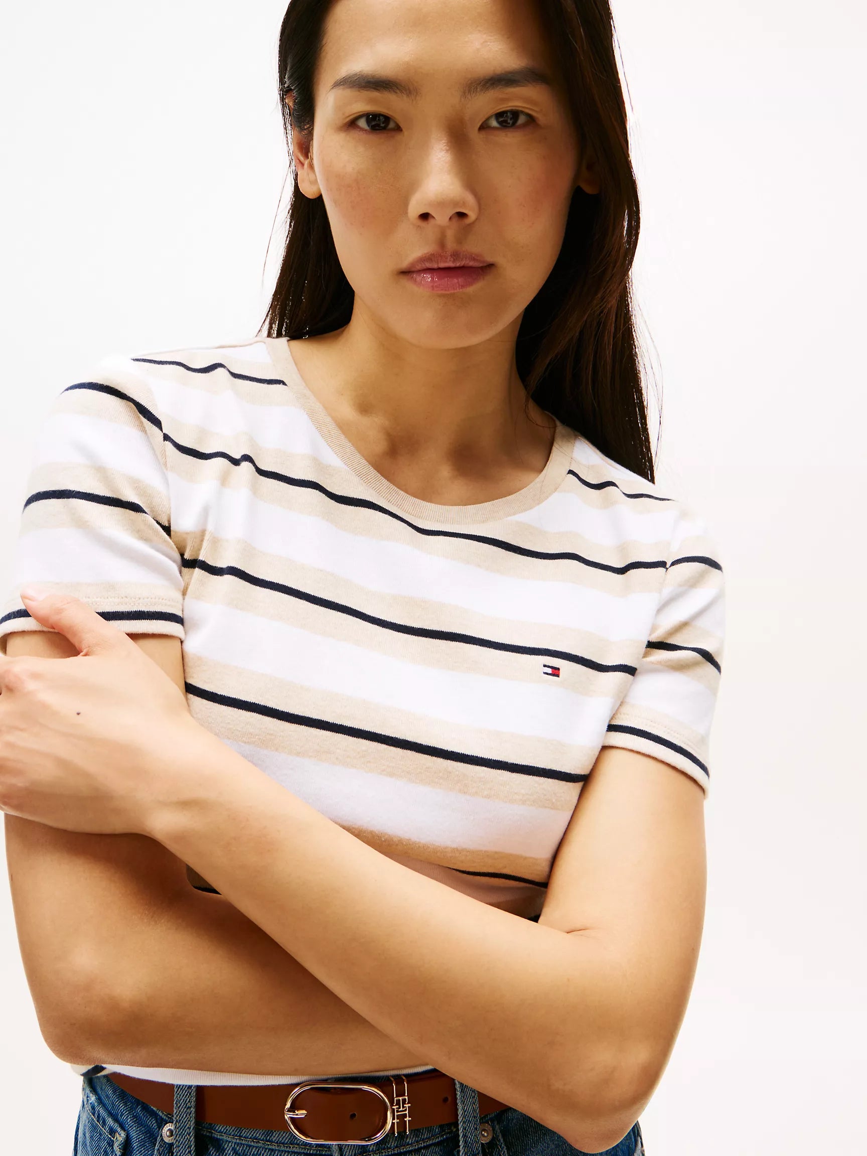 Womens' Tommy Stripe Crewneck T-Shirt/Ecru / Beige Stripe