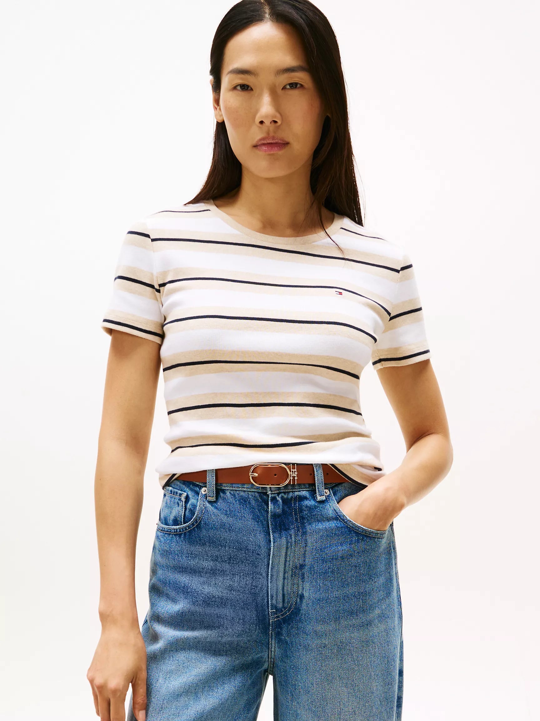 Womens' Tommy Stripe Crewneck T-Shirt/Ecru / Beige Stripe