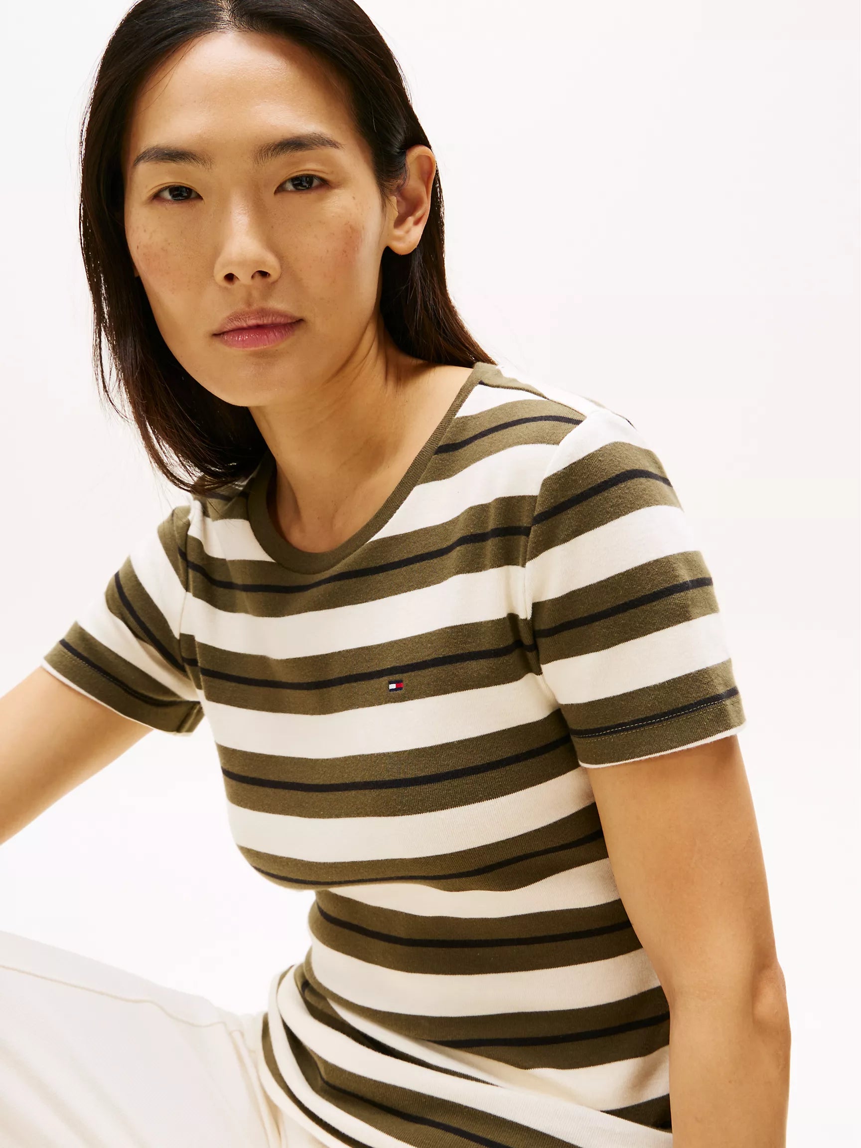 Womens' Tommy Stripe Crewneck T-Shirt/Platinum Olive Stripe