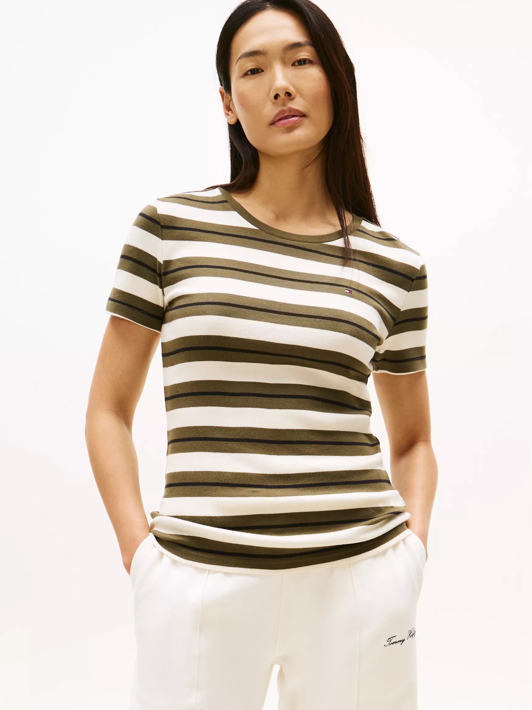Womens' Tommy Stripe Crewneck T-Shirt/Platinum Olive Stripe