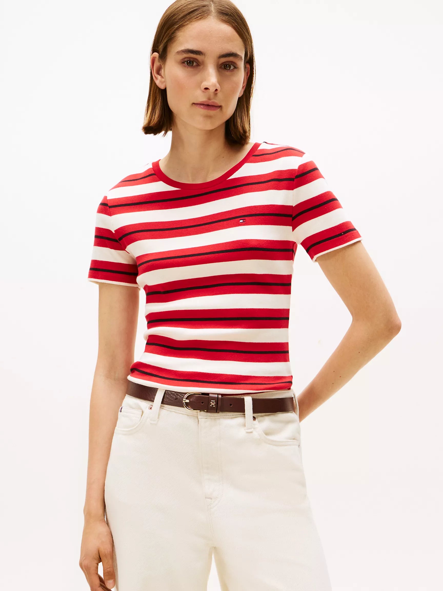 Womens' Tommy Stripe Crewneck T-Shirt/Red / White Stripe