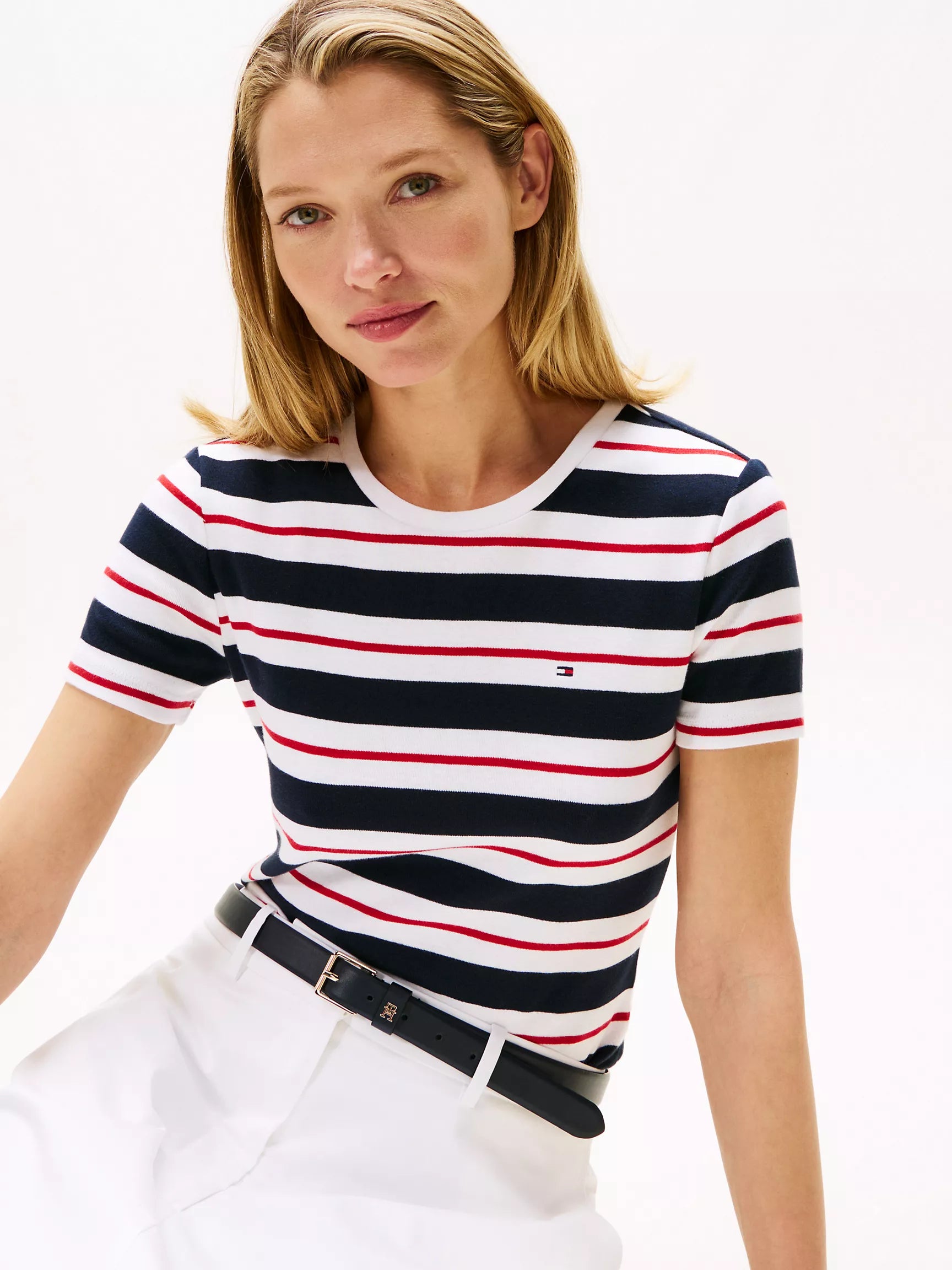 Womens' Tommy Stripe Crewneck T-Shirt/ Optic White Stripe