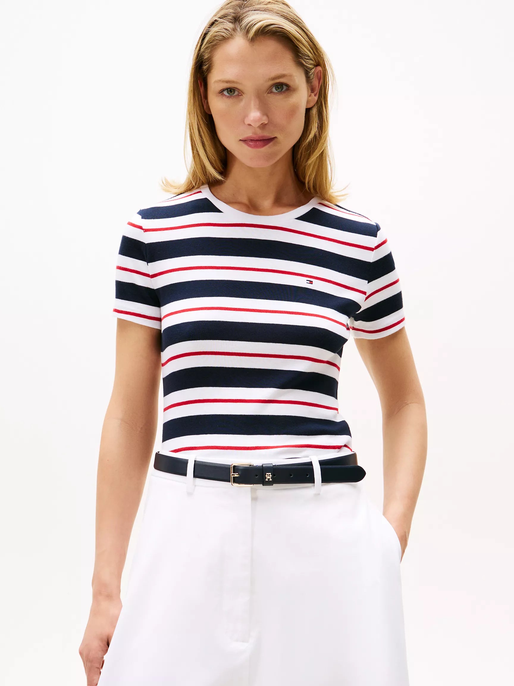 Womens' Tommy Stripe Crewneck T-Shirt/ Optic White Stripe