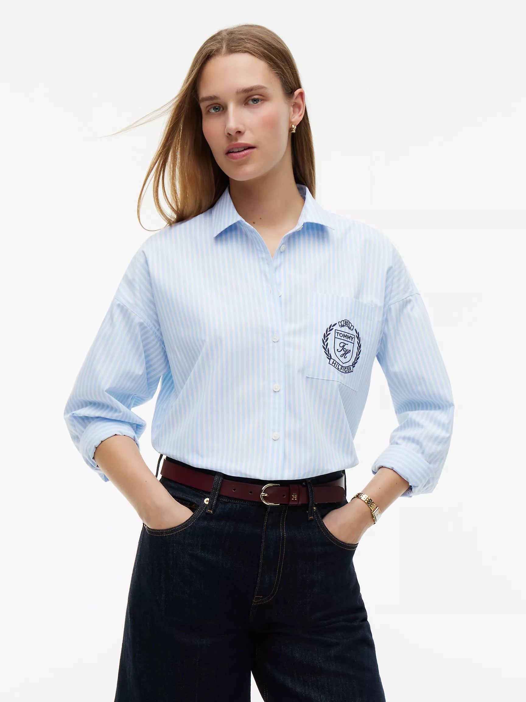 Tommy Hilfiger Women's Relaxed Fit Crest Logo Striped Shirt-Vessel Blue