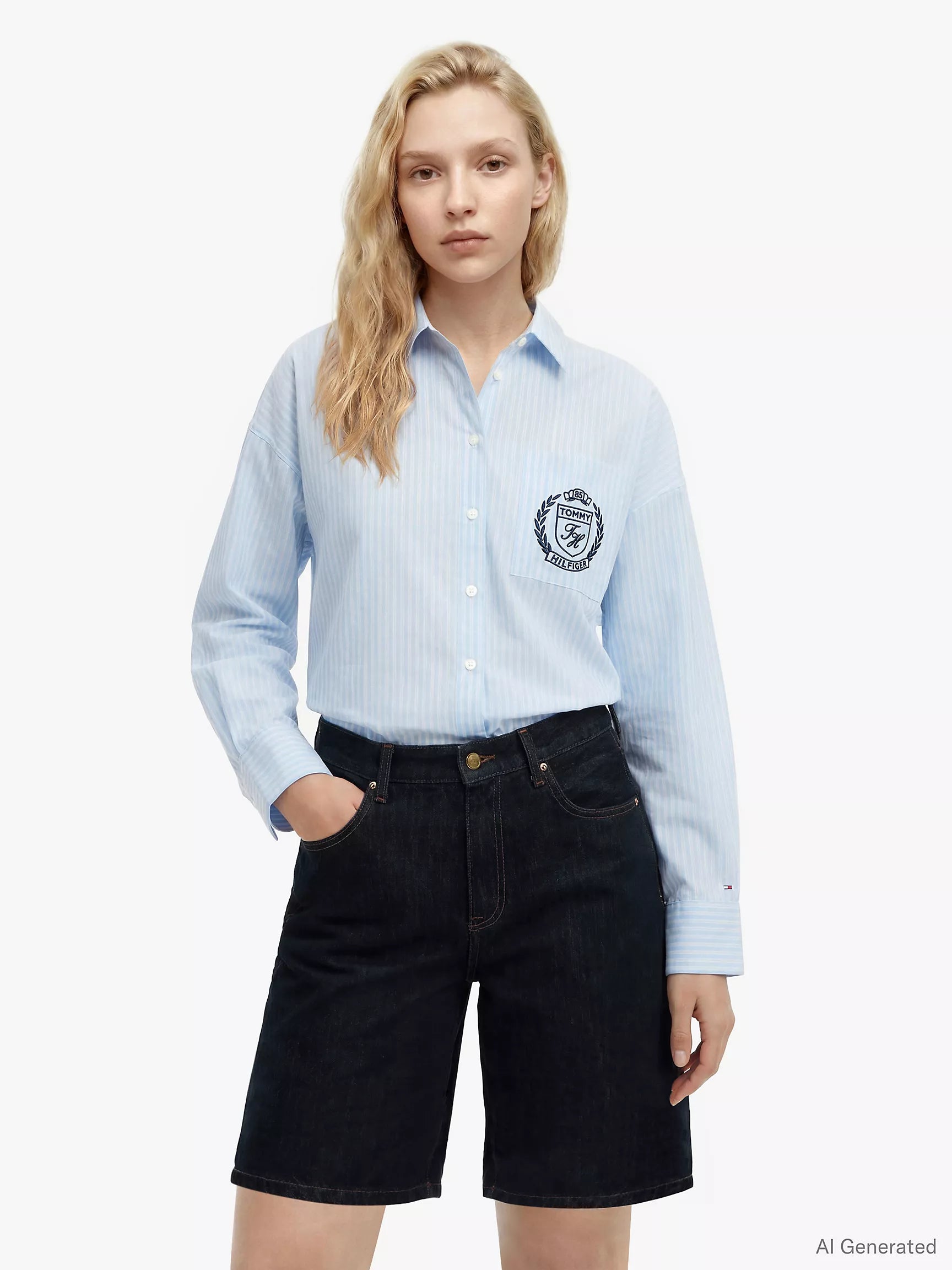 Tommy Hilfiger Womens' Relaxed Fit Crest Logo Striped Shirt-Vessel Blue
