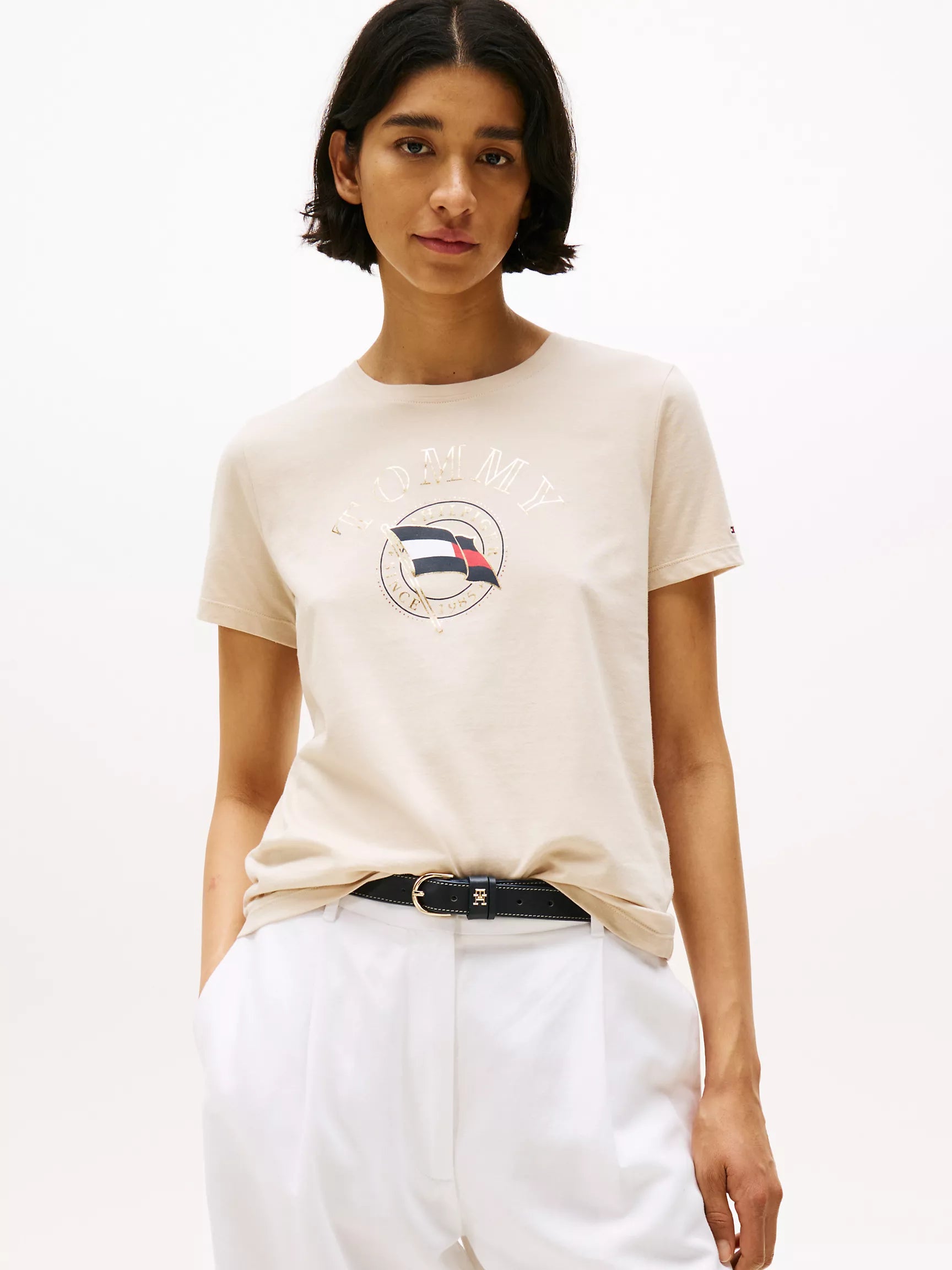 Tommy Womens' Embroidered Wavy Flag Logo T-Shirt- BEIGE