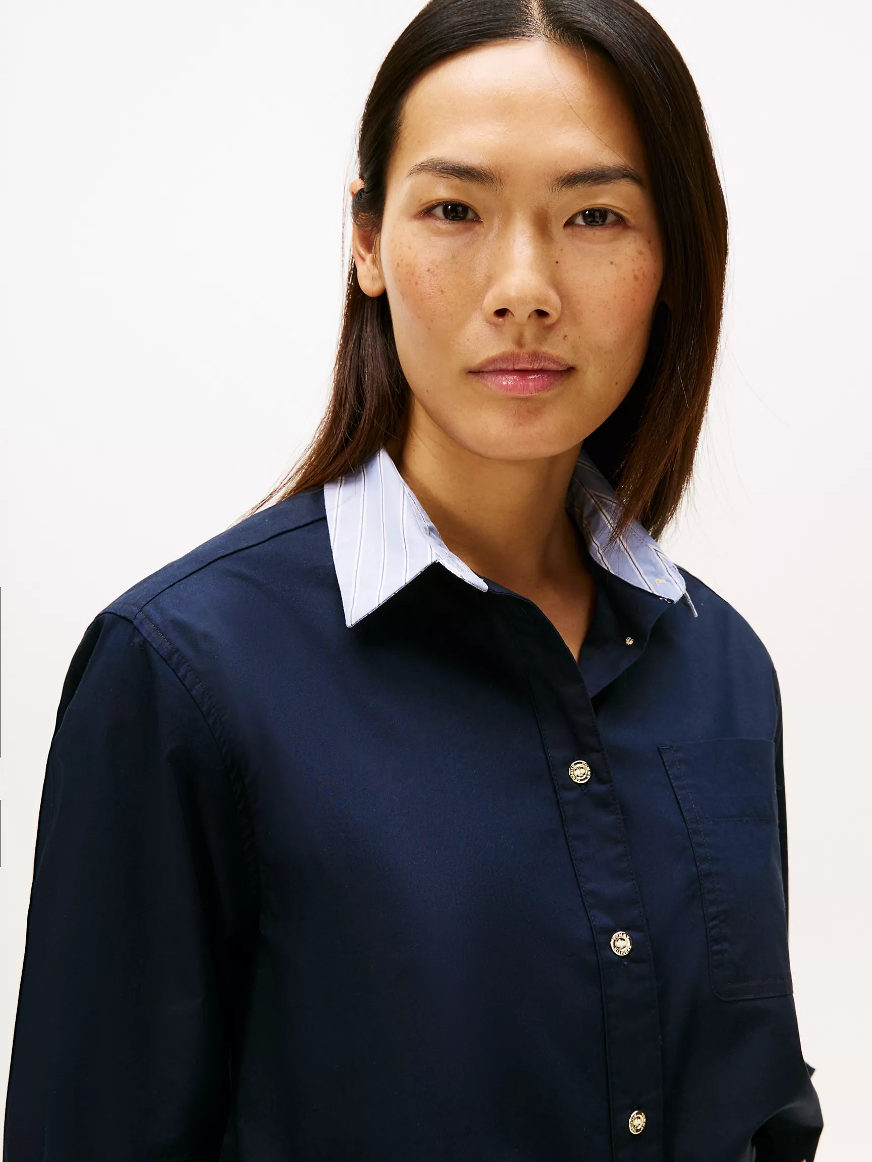 Tommy Womens' Relaxed Stripe Collar Poplin Shirt/ Navy Blue