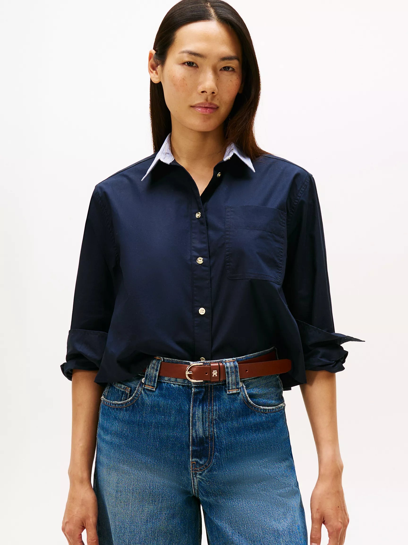 Tommy Womens' Relaxed Stripe Collar Poplin Shirt/ Navy Blue