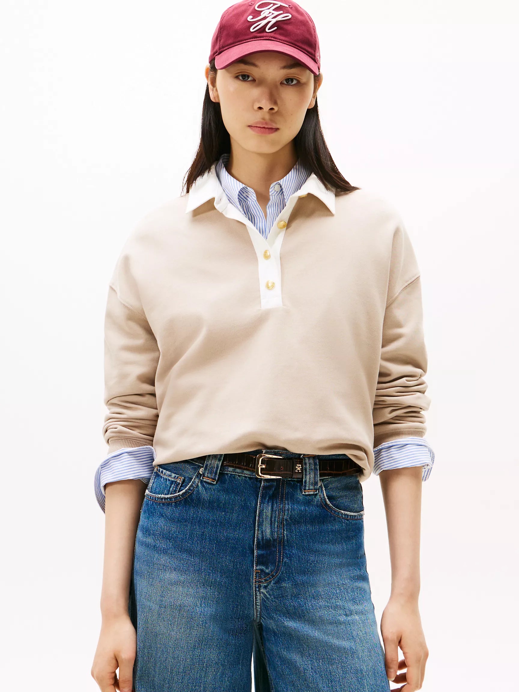 Tommy Womens' Gold-Button Polo Sweatshirt/ Stone
