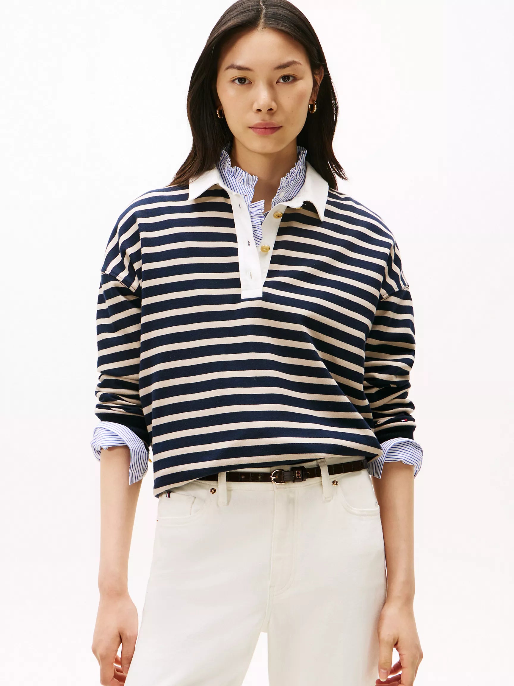 Tommy Womens' Gold-Button Stripe Polo Sweatshirt/ Navy Multi