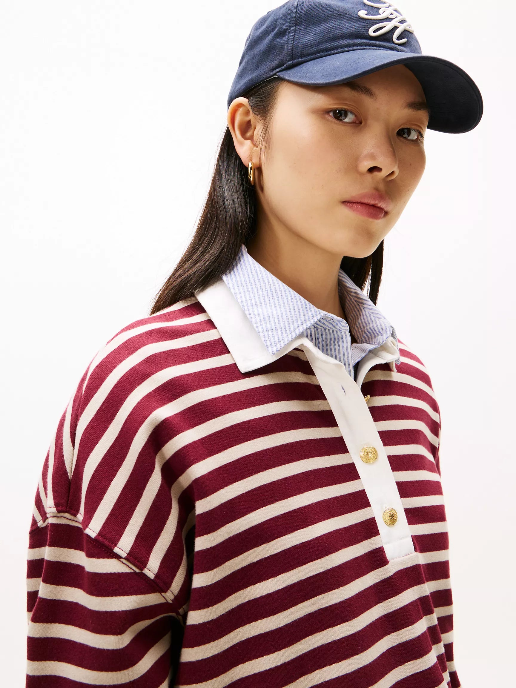 Tommy Womens' Gold-Button Stripe Polo Sweatshirt