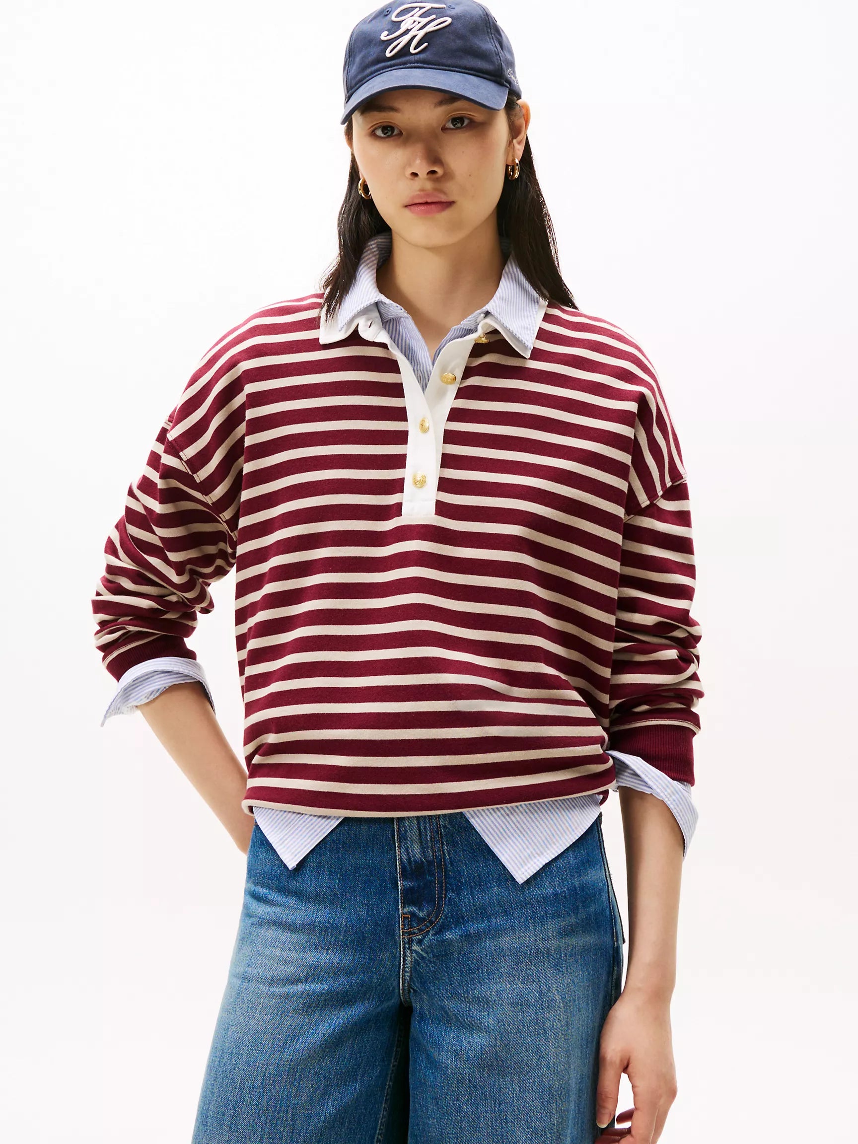 Tommy Womens' Gold-Button Stripe Polo Sweatshirt