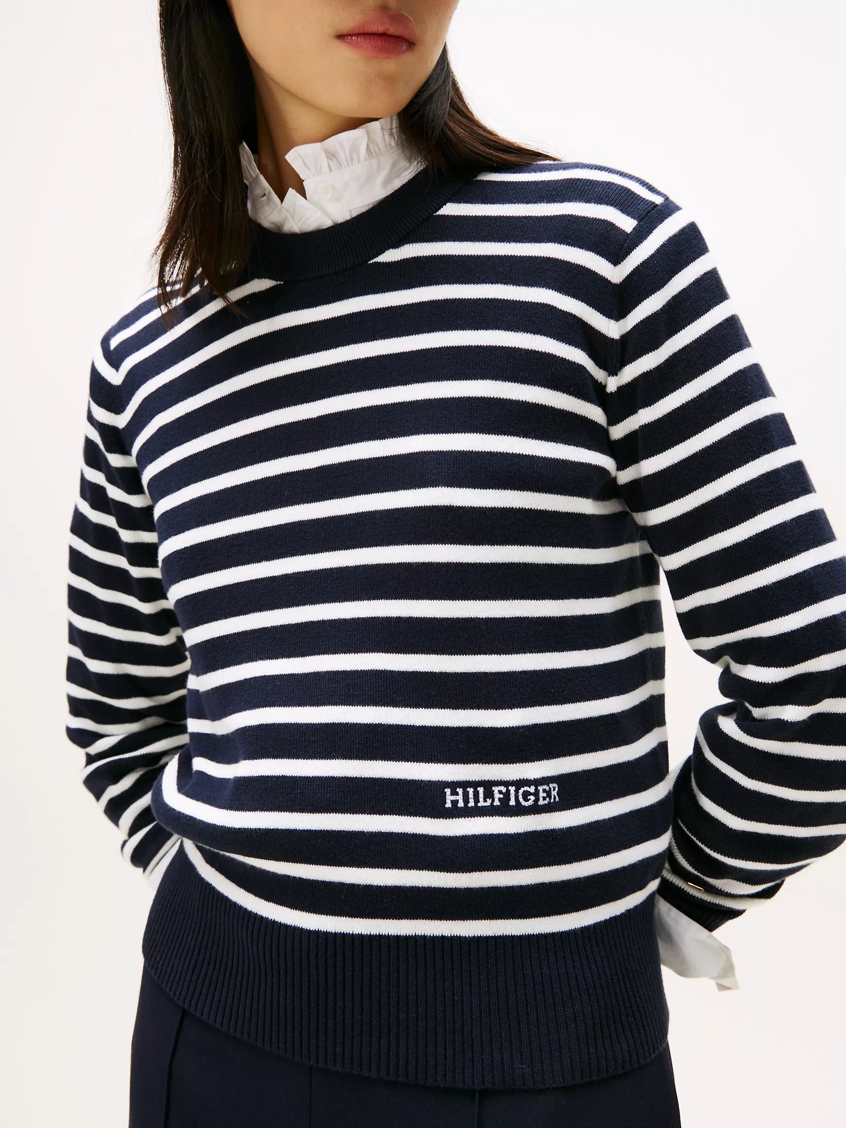 Womens' Tommy Mini-Stripe Crewneck Sweater Navy Blue