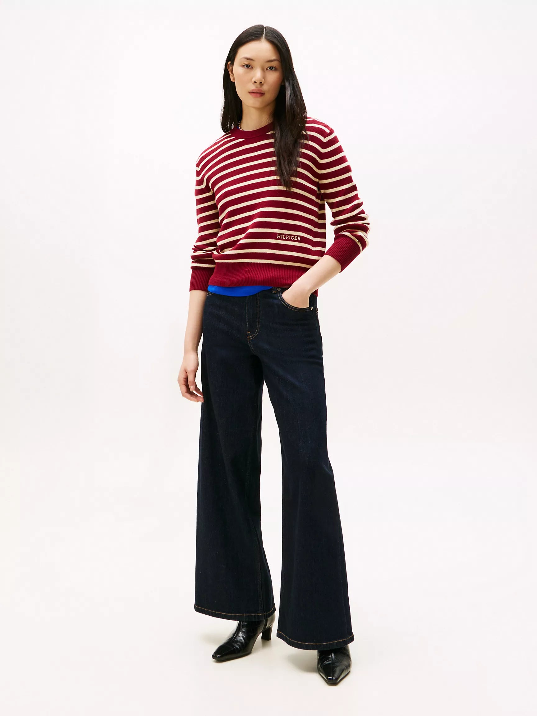 Tommy Mini-Stripe Crewneck Sweater/ Rouge