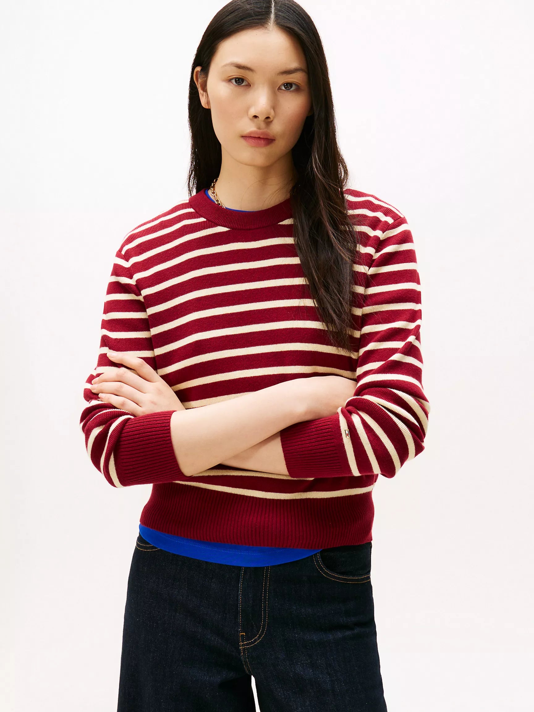 Tommy Mini-Stripe Crewneck Sweater/ Rouge