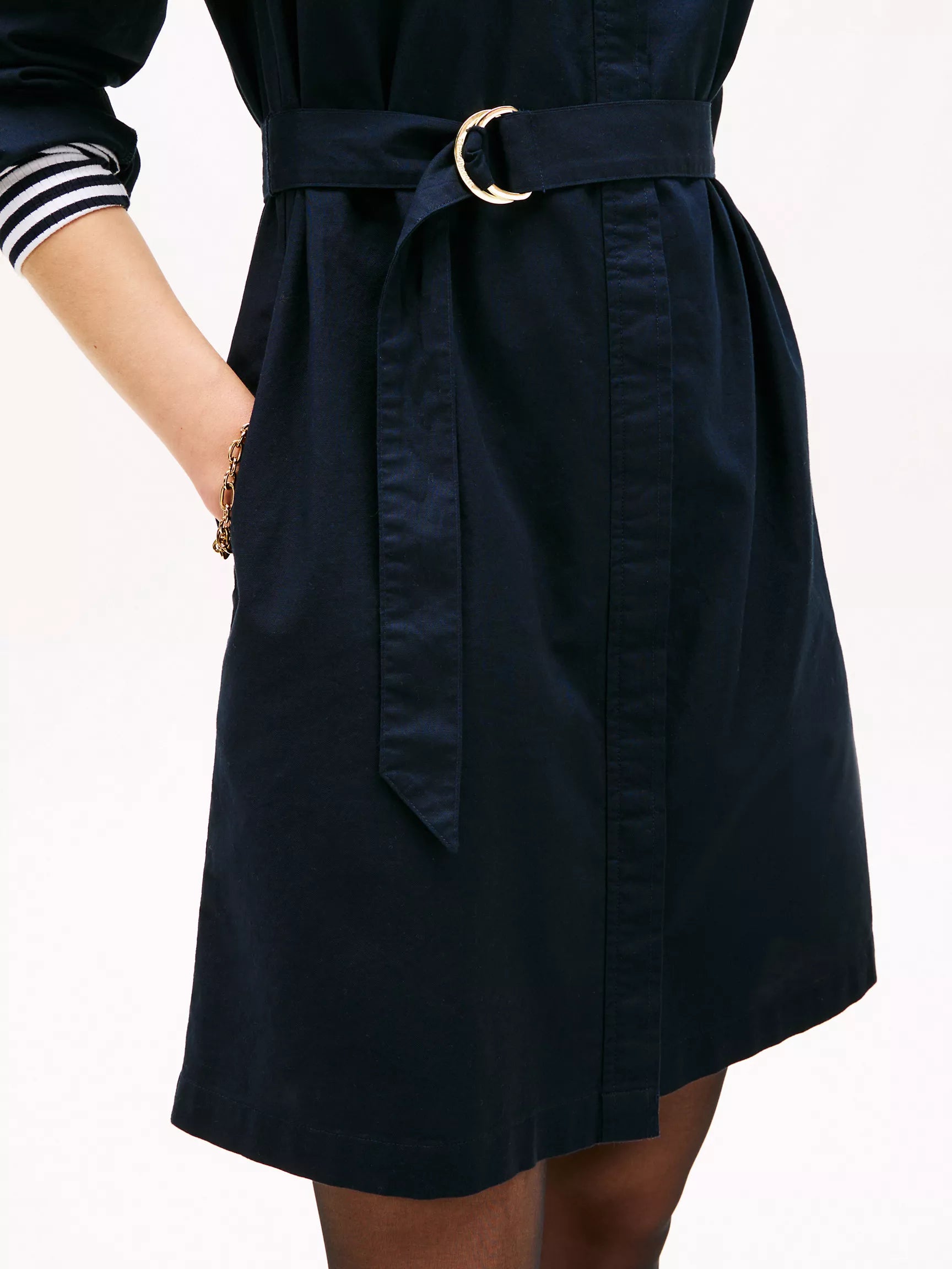 TOMMY WOMENS' Long-Sleeve Belted Oxford Shirtdress Navy Blue