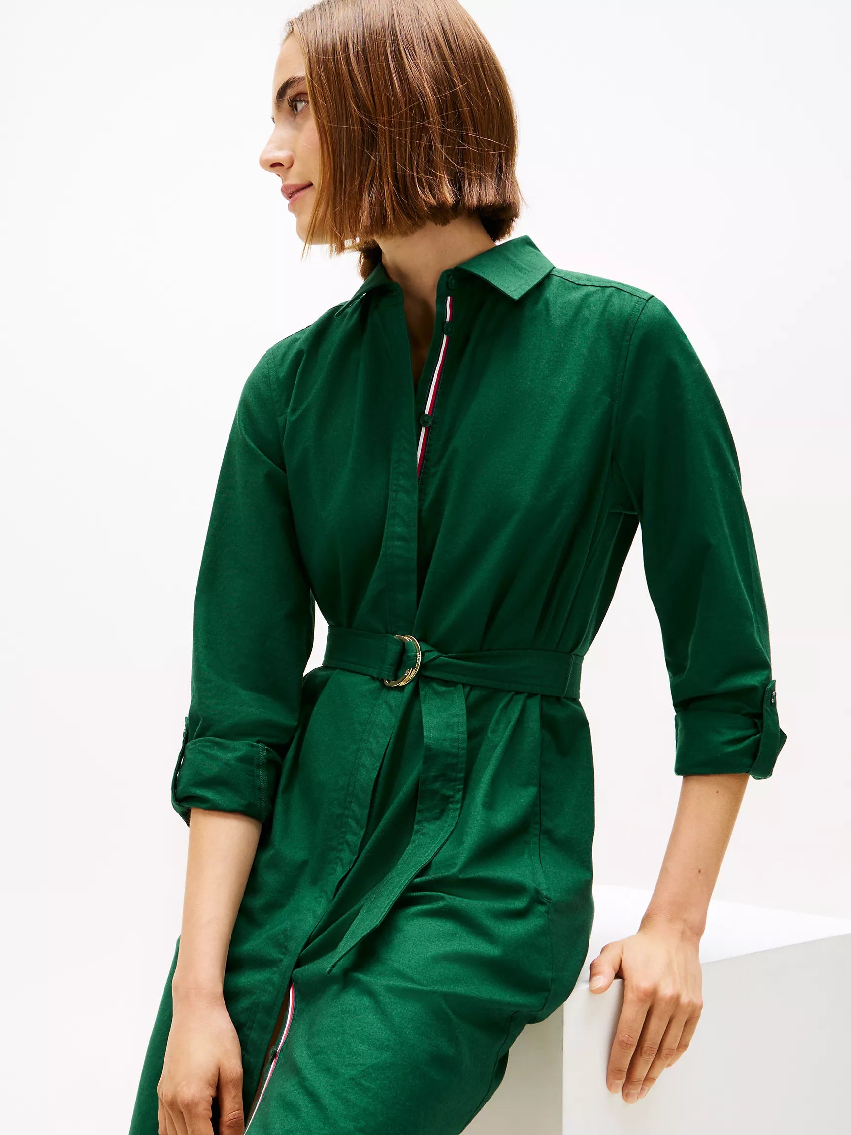 TOMMY WOMENS' Long-Sleeve Belted Oxford Shirtdress Ornamental Green