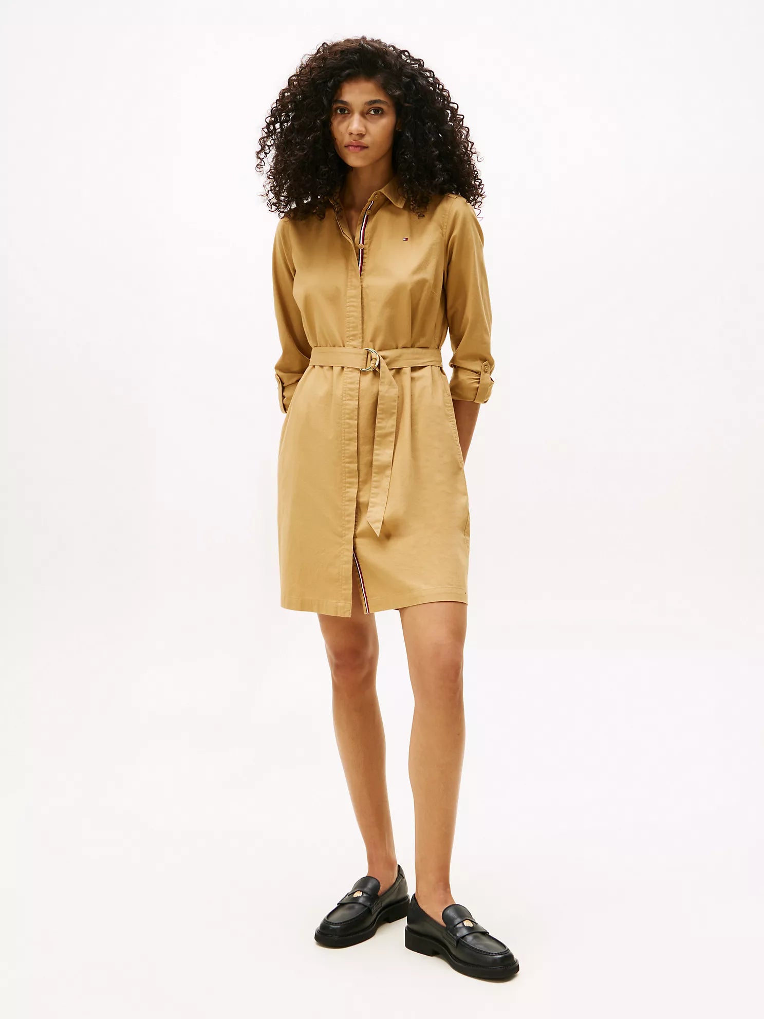 TOMMY WOMENS' Long-Sleeve Belted Oxford Shirtdress Classic Khaki