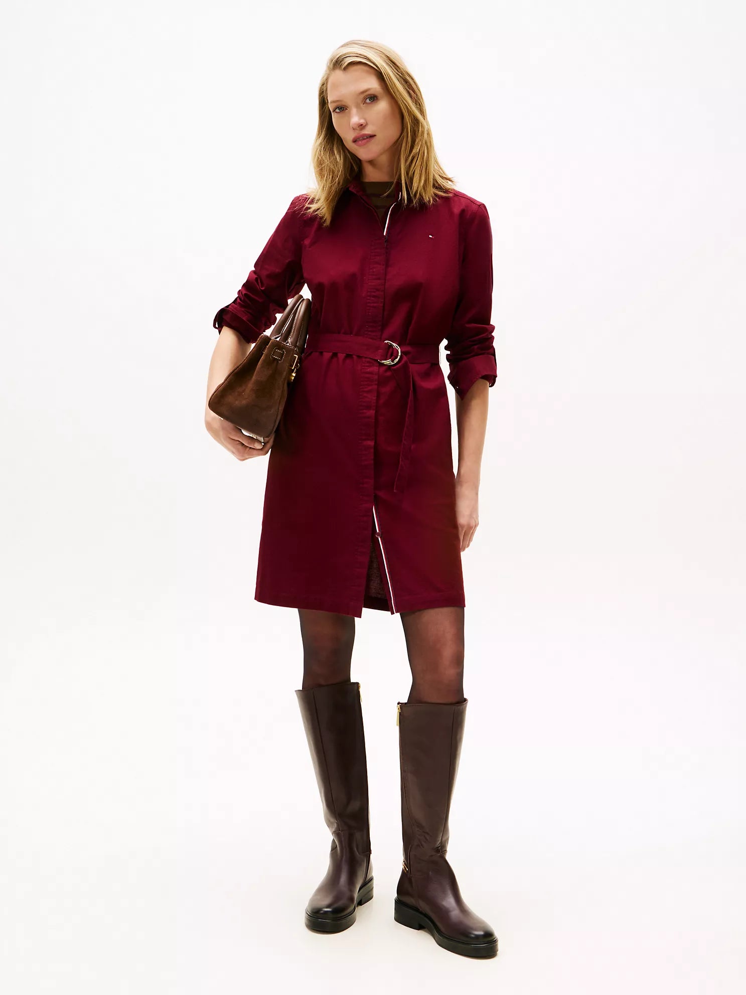 TOMMY WOMENS' Long-Sleeve Belted Oxford Shirtdress Burgundy