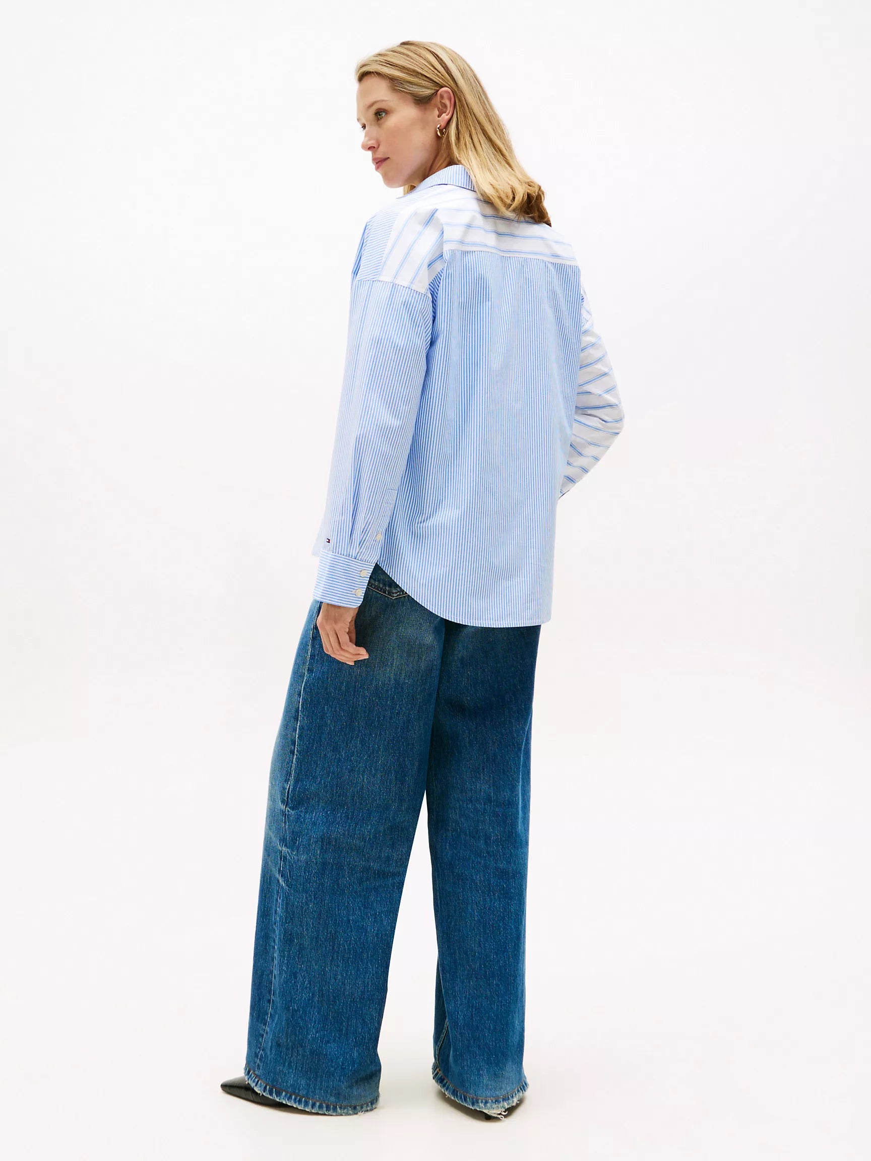 Tommy Womens' Relaxed Fit Mix Stripe Poplin Shirt /Cool Azure