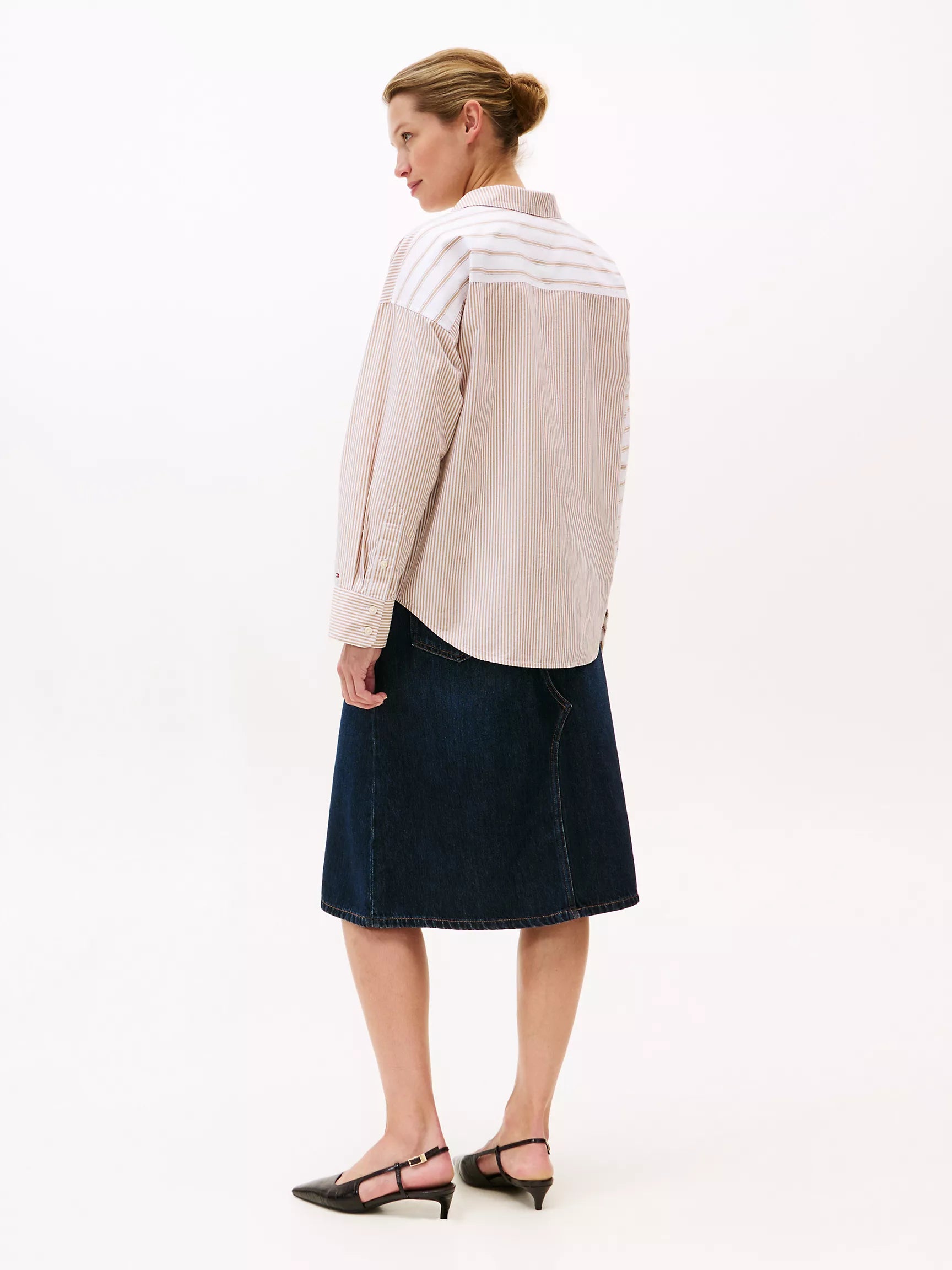 Tommy Womens' Relaxed Fit Mix Stripe Poplin Shirt /Safari Canvas