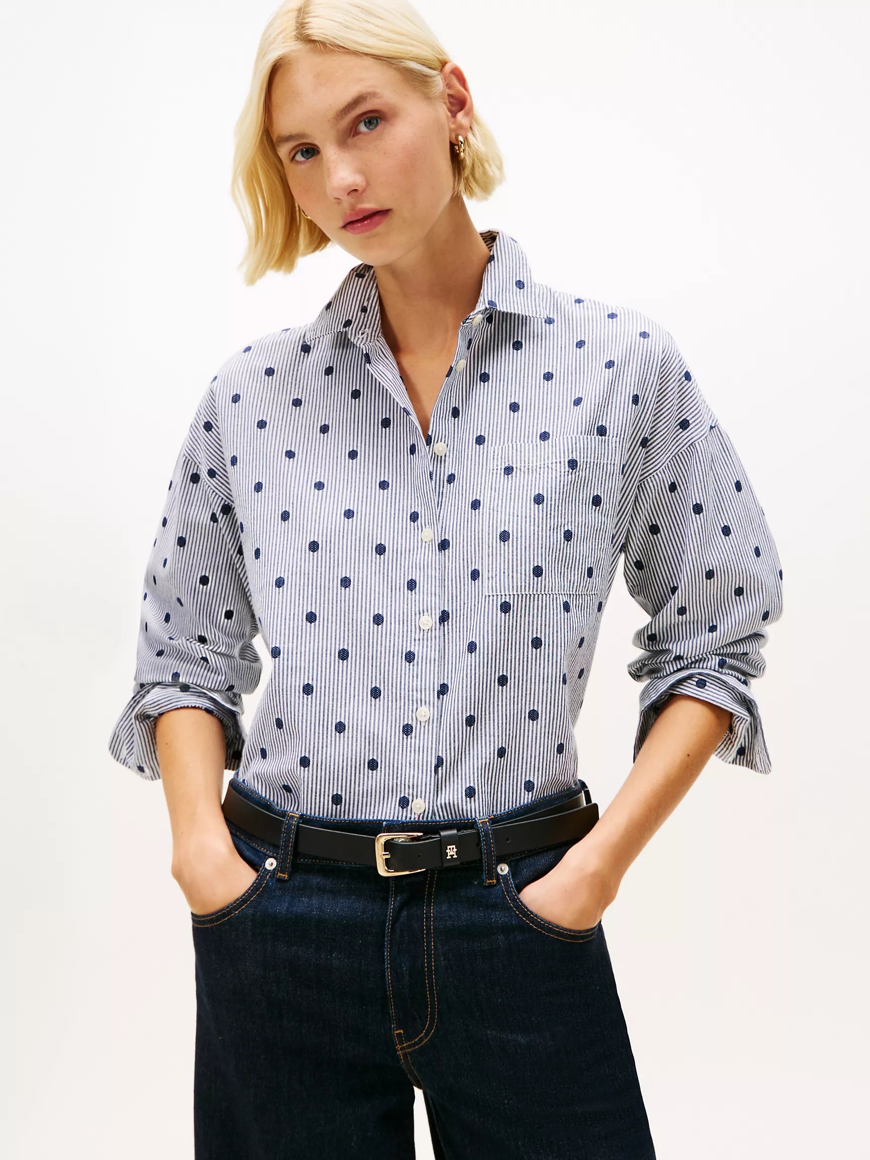 Tommy Womens' Relaxed Polka-Dot Poplin Jacquard Shirt/Carbon Navy